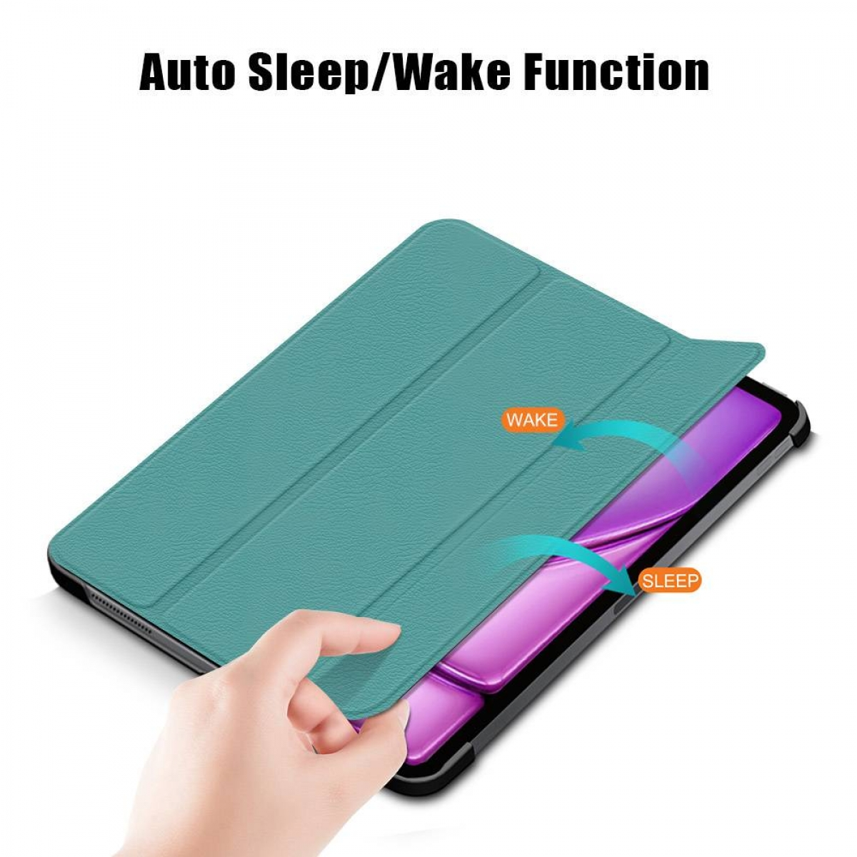 Eine Hand öffnet eine türkisfarbene Tablethülle und gibt einen lila Bildschirm frei. Der Text lautet 'Auto Sleep/Wake Function'.