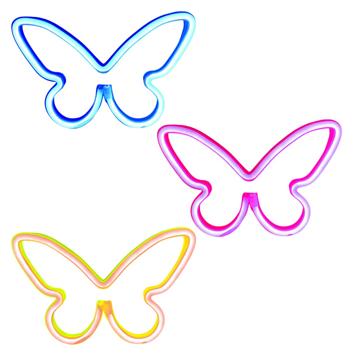 Drei Schmetterlingsumrisse in Blau, Rosa und Gelb-Orange auf weißem Hintergrund. Jeder hat einen neonartigen Schein.