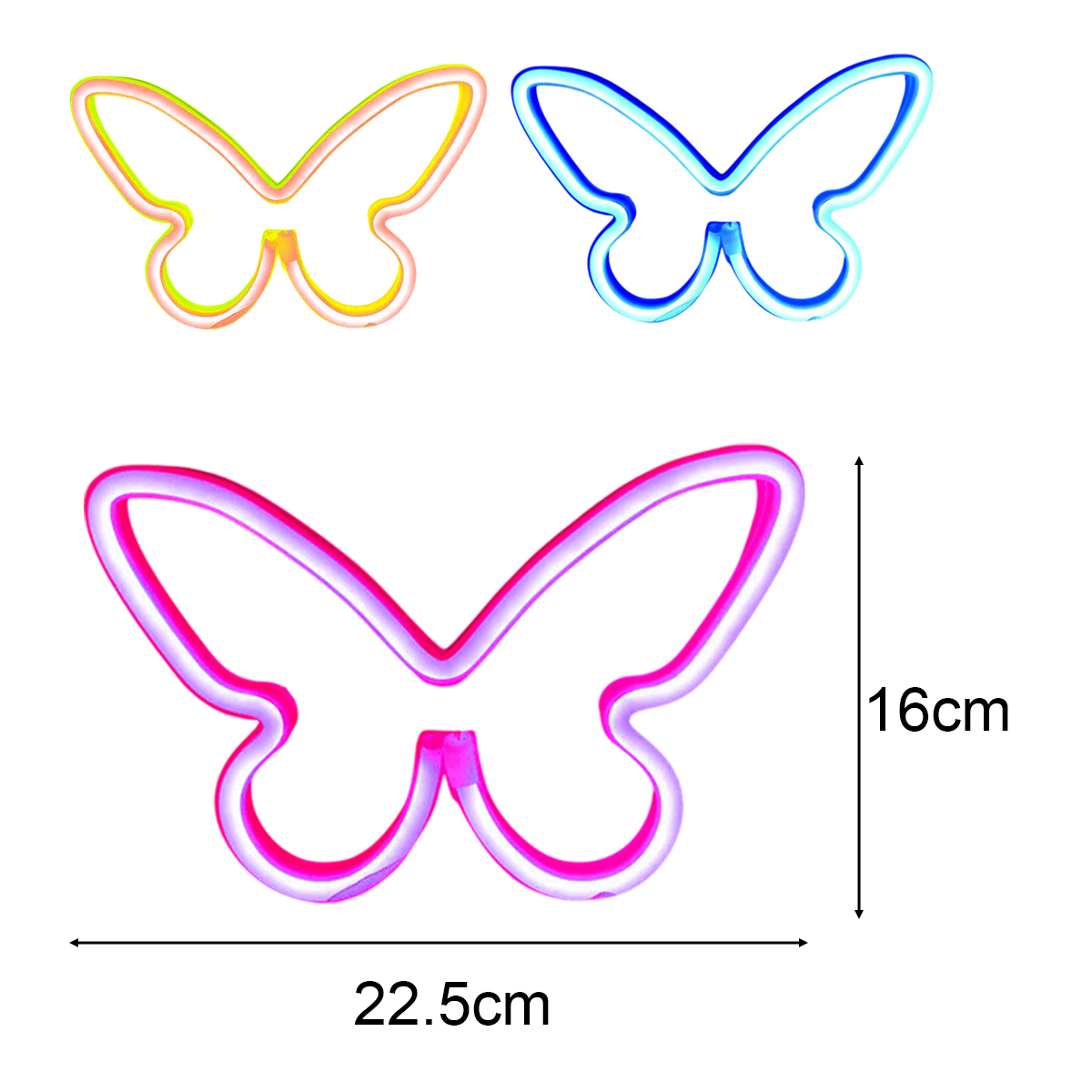 Drei Schmetterlingsumrisse: gelb/orange, blau und rosa/lila. Abmessungen: 22,5 cm Breite, 16 cm Höhe. Weißer Hintergrund.