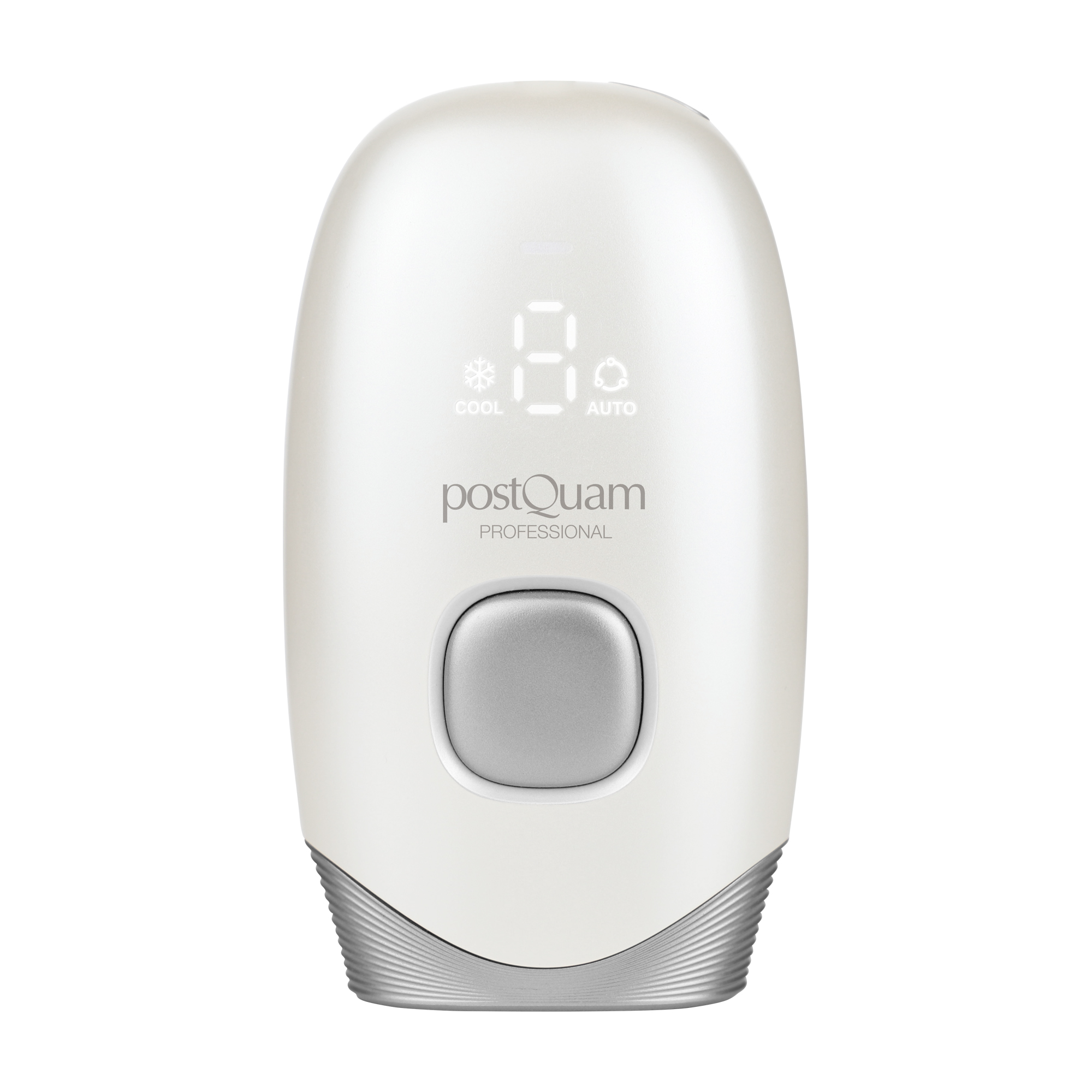Biało-srebrne urządzenie do usuwania włosów. Posiada wyświetlacz cyfrowy, przycisk oraz logo "postQuam PROFESSIONAL".