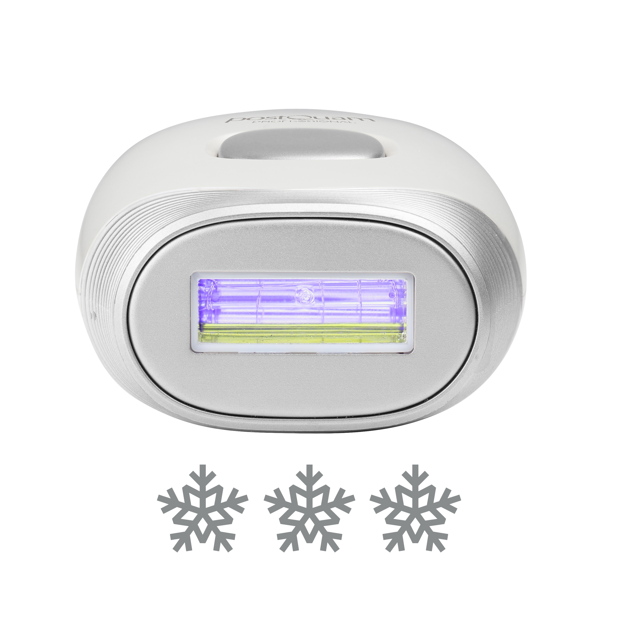 Białe urządzenie ze srebrnym wykończeniem i prostokątnym światłem. Trzy szare płatki śniegu poniżej.