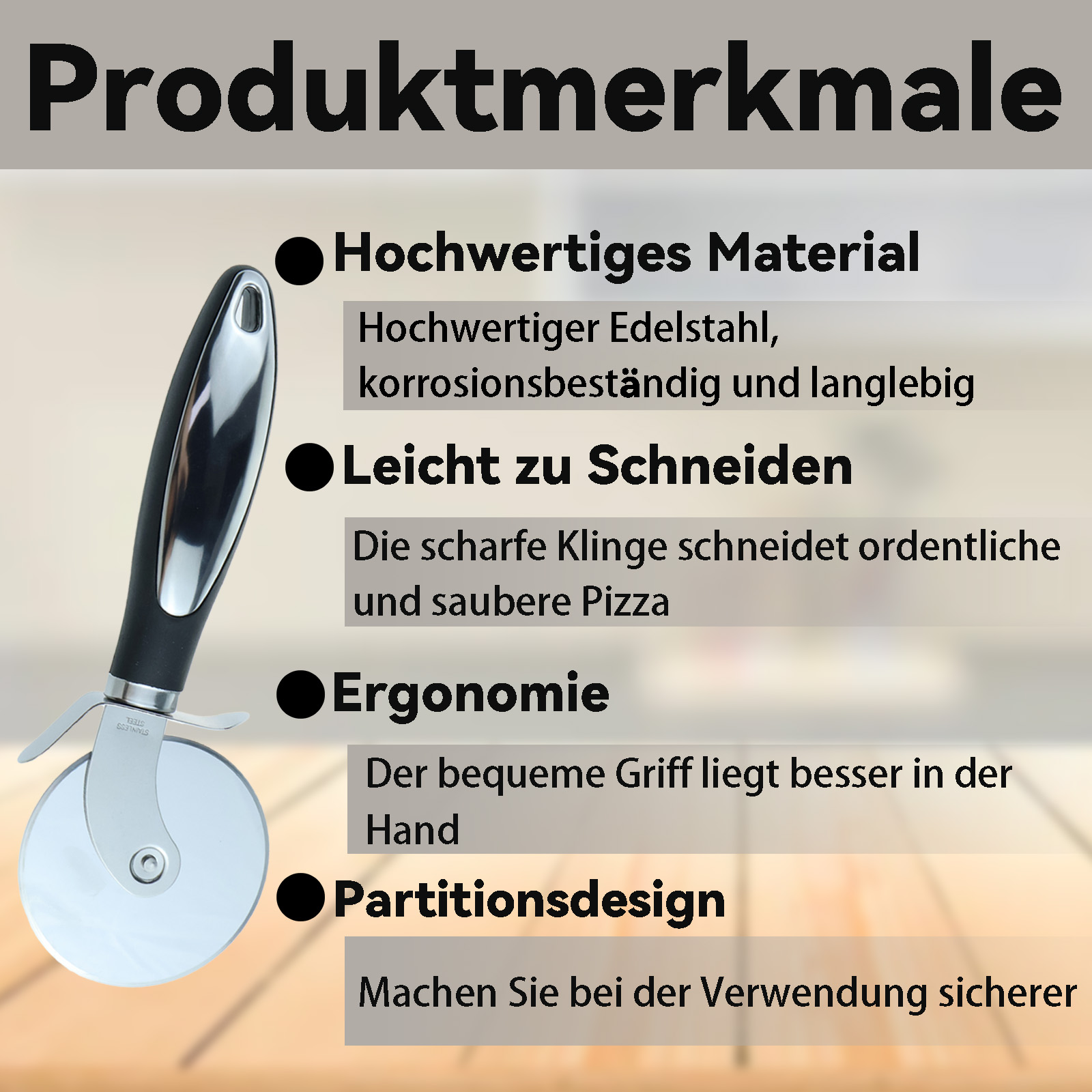 Pizzaschneider mit schwarzem Griff und silberner Klinge, Text auf Deutsch. Produktmerkmale wie Material und Design.