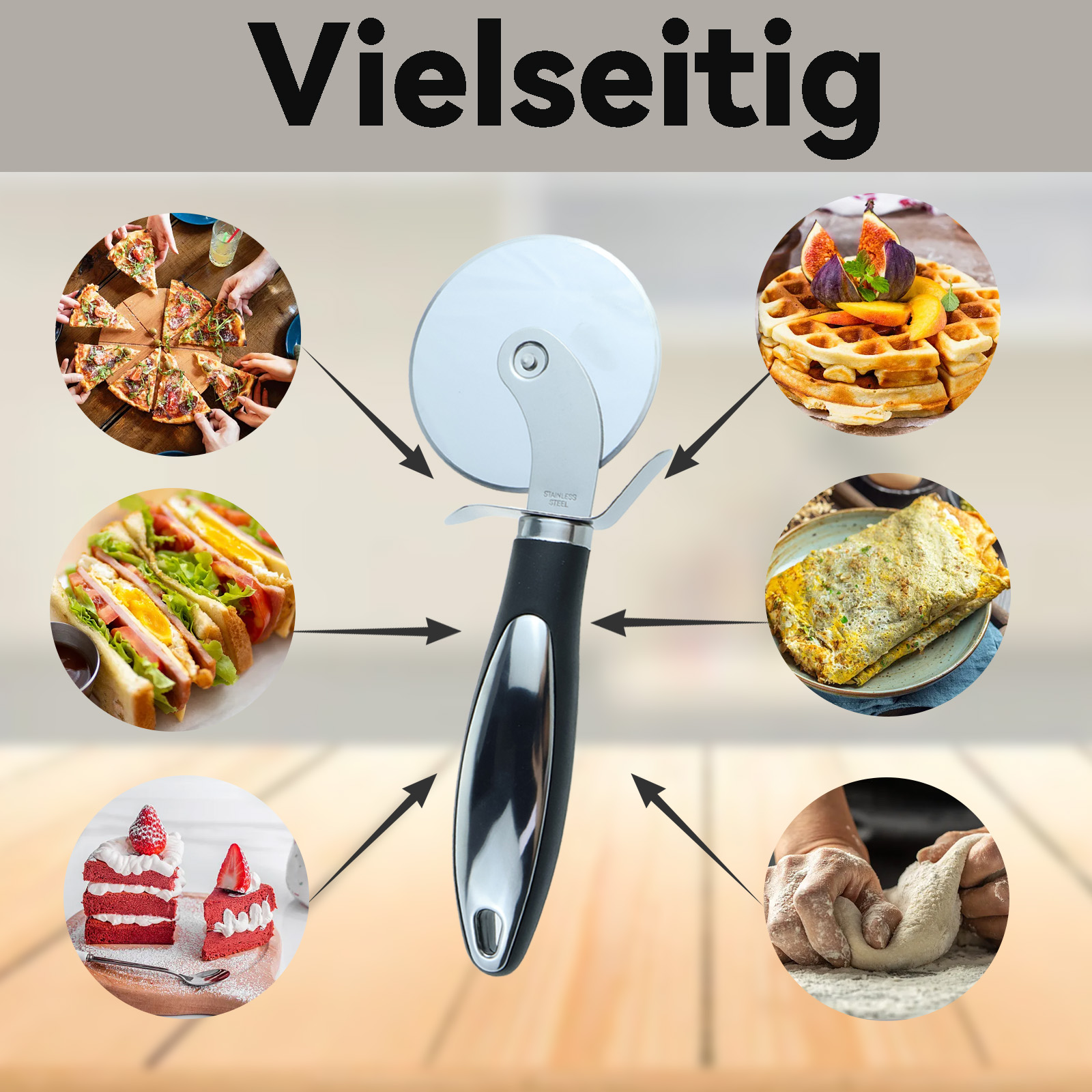 Ein Pizzaschneider, umgeben von Bildern von Pizza, Waffeln, Sandwiches, Kuchen, Omelett und Teig, auf Holzoberfläche.