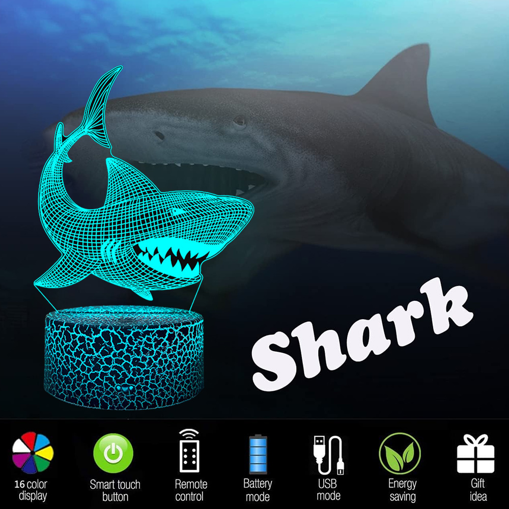 Eine Haifischlampe mit 3D-Haifischdesign. Im Hintergrund ein großer Hai. Funktionen umfassen Touch-Taste, Fernbedienung und USB-Modus.