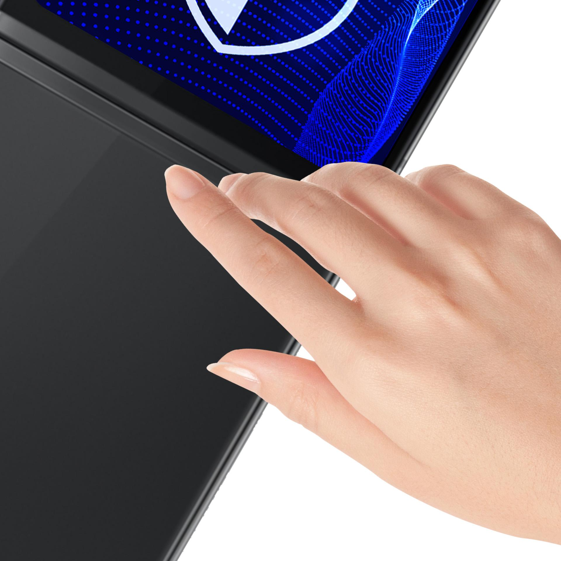 Ręka dotyka ekranu. Ekran wyświetla niebieskie kropki i biały kształt. Tło jest białe.