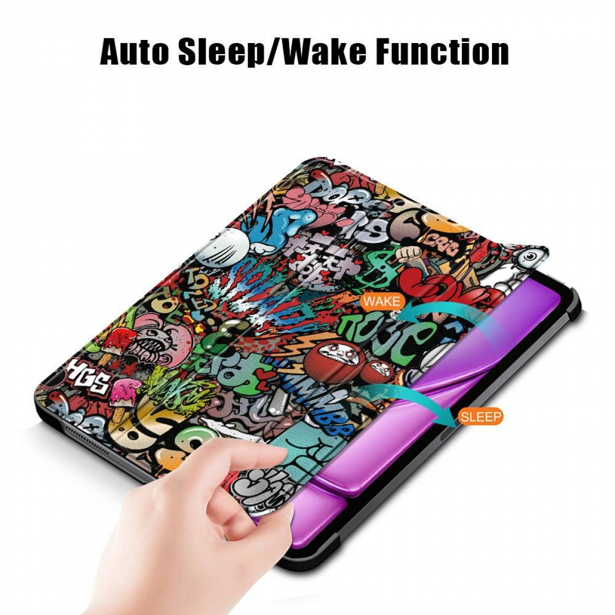 Ein Tablet mit einer bunten Graffiti-Hülle wird gezeigt. Die Hülle ist geöffnet, und eine Hand hebt die Abdeckung an. Text sagt 'Auto Sleep/Wake'.