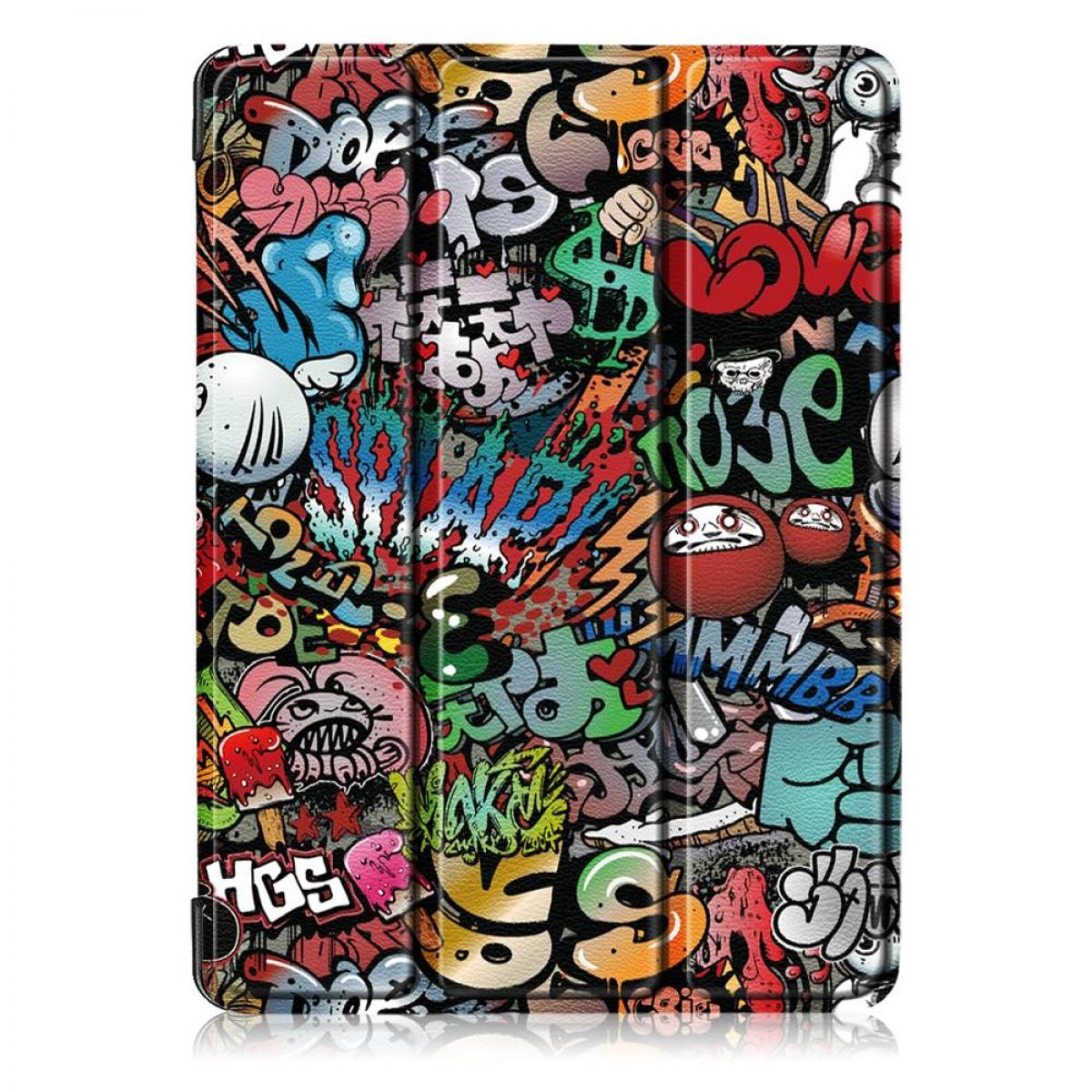Tablethülle mit farbenfroher Graffiti-Kunst, die verschiedene Tags, Symbole und lebendige Farben zeigt. Das Design ist detailliert und urban.