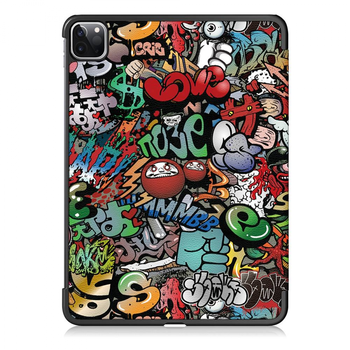 Eine Tablet-Hülle mit farbenfroher Graffiti-Kunst. Enthält verschiedene Wörter, Symbole und Charaktere in einem lebendigen, urbanen Stil.