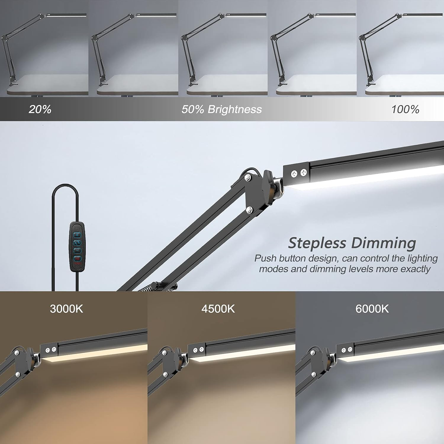 Eine schwarze Schreibtischlampe mit verstellbarem Arm. Die Helligkeits- und Farbtemperaturoptionen werden angezeigt. Stufenloses Dimmen wird erwähnt.