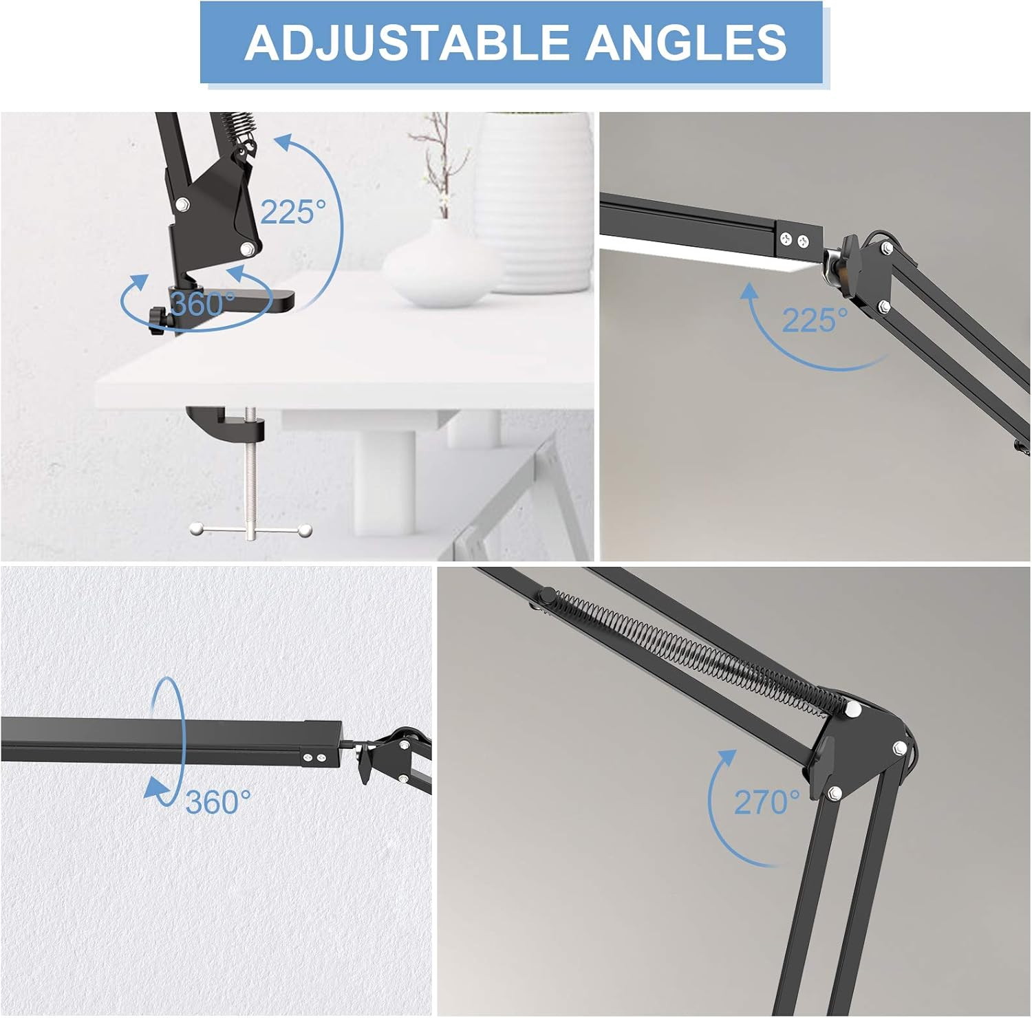 Das Bild zeigt eine schwarze Schreibtischlampe mit einstellbaren Winkeln. Es zeigt die 360°, 225° und 270° Rotationsmöglichkeiten der Lampe.
