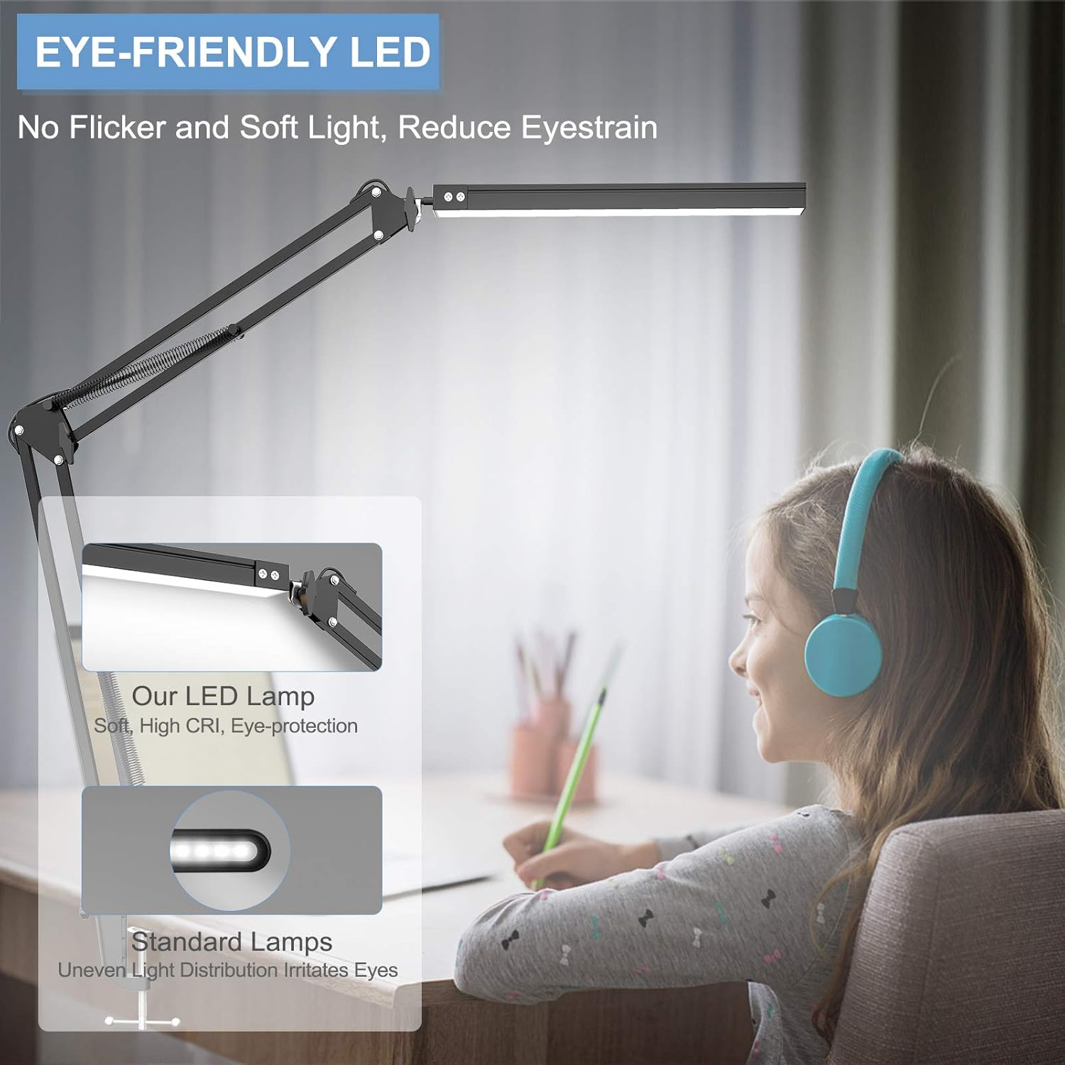 Ein Mädchen mit Kopfhörern sitzt unter einer LED-Lampe. Die Lampe ist schwarz und hat einen hellen Lichtbalken. Text sagt 'Augenfreundliche LED'.