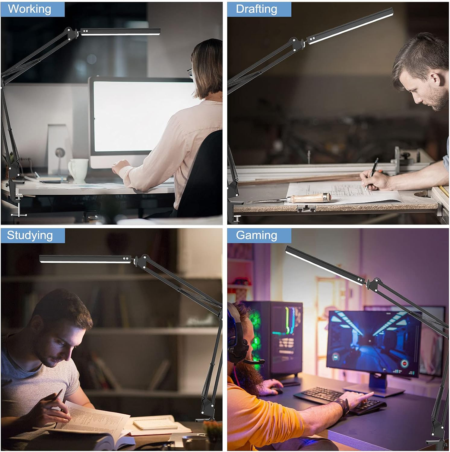Vier Szenen: Arbeiten, Zeichnen, Lernen und Spielen. Jede Szene zeigt eine schwarze Schreibtischlampe, Menschen, die sie in verschiedenen Umgebungen benutzen.