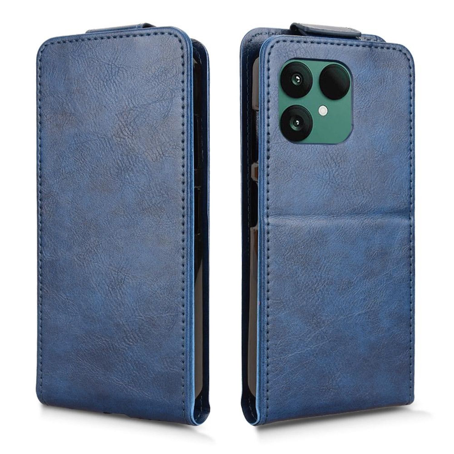 Eine blaue Handyhülle ist geöffnet und geschlossen. Die offene Hülle zeigt das Telefon mit seiner Kamera. Die geschlossene ist blau.