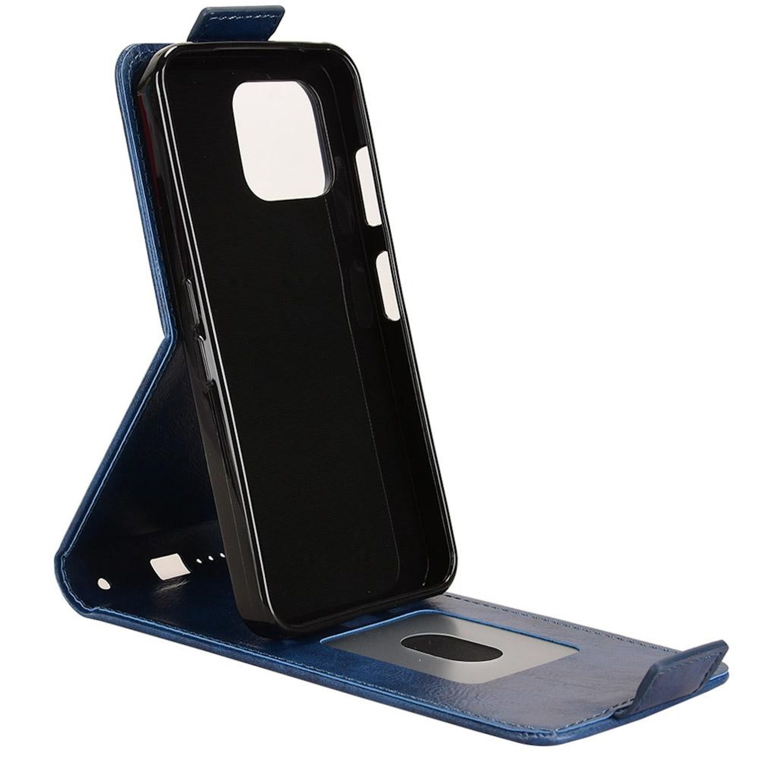 Eine blaue Handyhülle ist geöffnet und zeigt die Telefonhalterung. Die Hülle hat einen Magnetverschluss und ein transparentes Fenster.