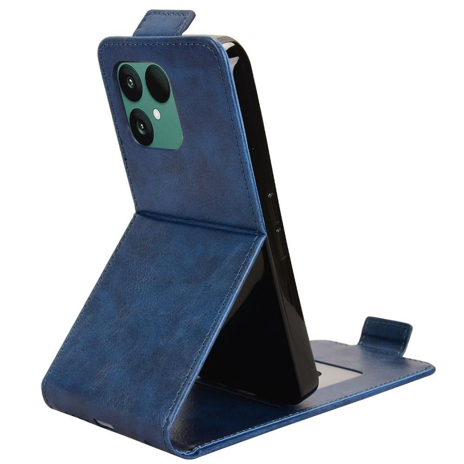 Eine blaue Handyhülle steht offen und hält ein schwarzes Telefon. Die Hülle ist lederartig mit einem Verschluss. Die Kamera des Telefons ist sichtbar.