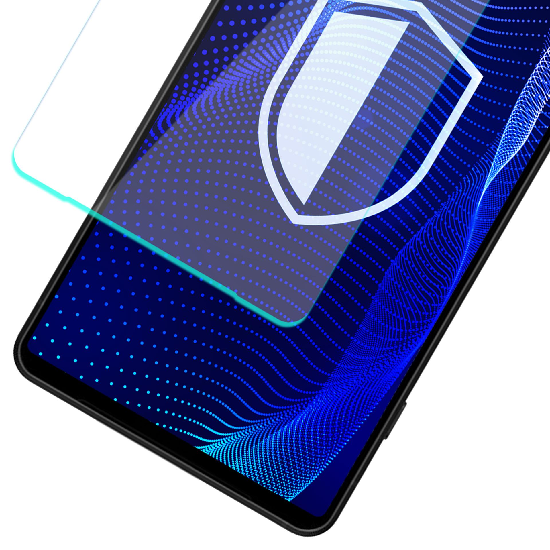 Uno schermo del telefono con uno strato protettivo. Lo schermo mostra un motivo a punti blu con una grafica a scudo bianco.