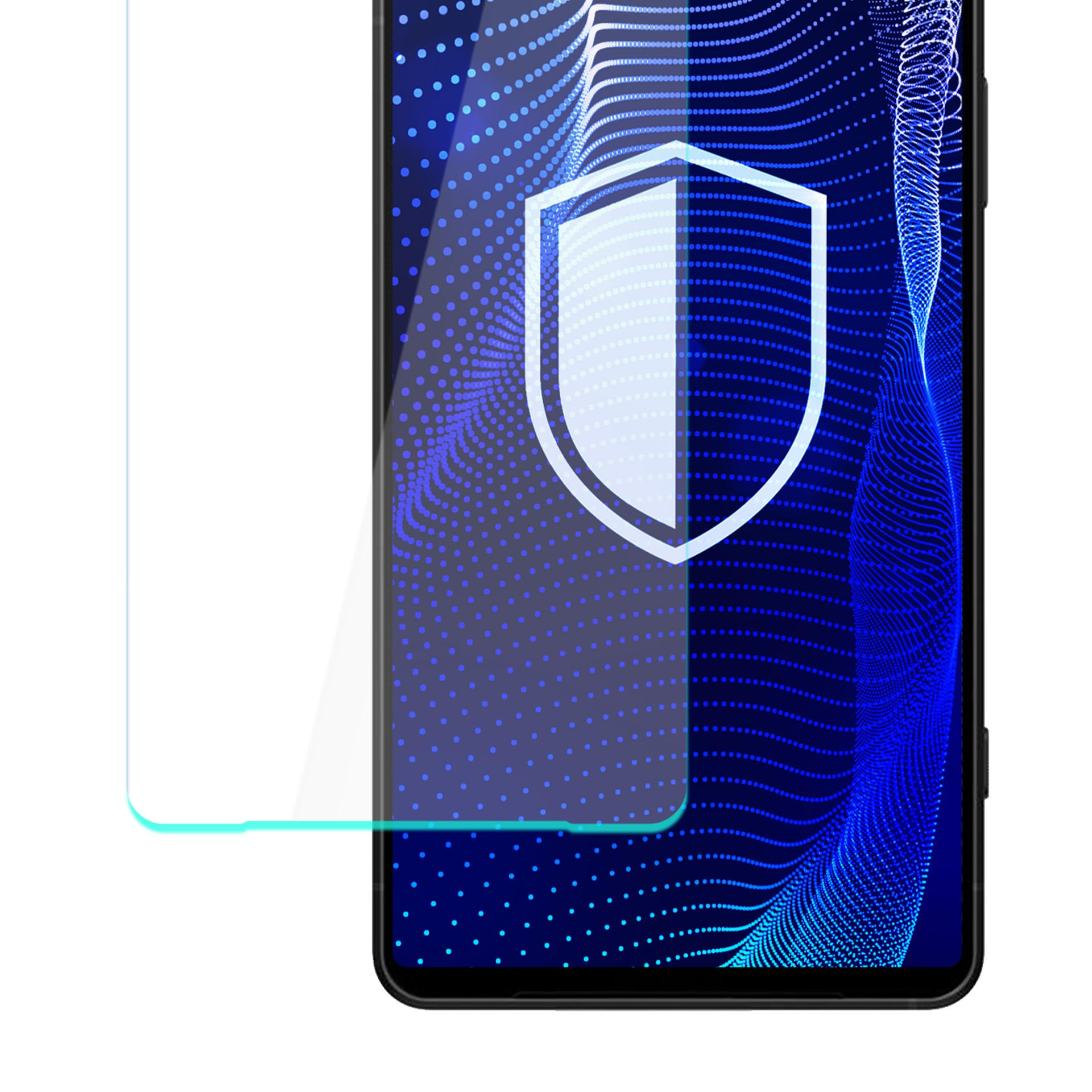 Schermo di un telefono con protezione applicata. Un'icona a scudo è sullo schermo, su uno sfondo blu.