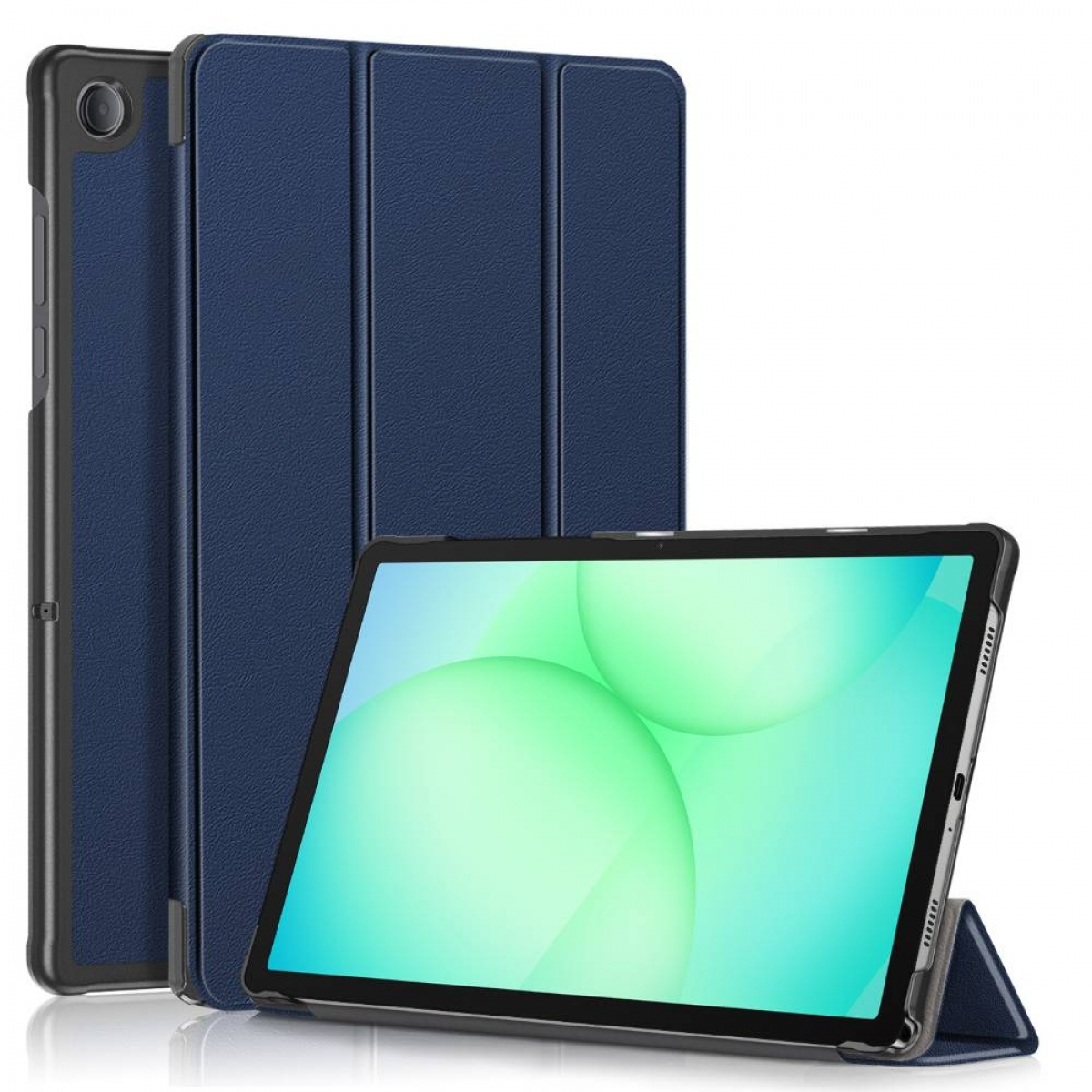 Ein Tablet in einer dunkelblauen Hülle steht aufrecht, der Bildschirm zeigt grüne Kugeln. Eine weitere Hülle und Tablet-Rückseite sind dahinter.
