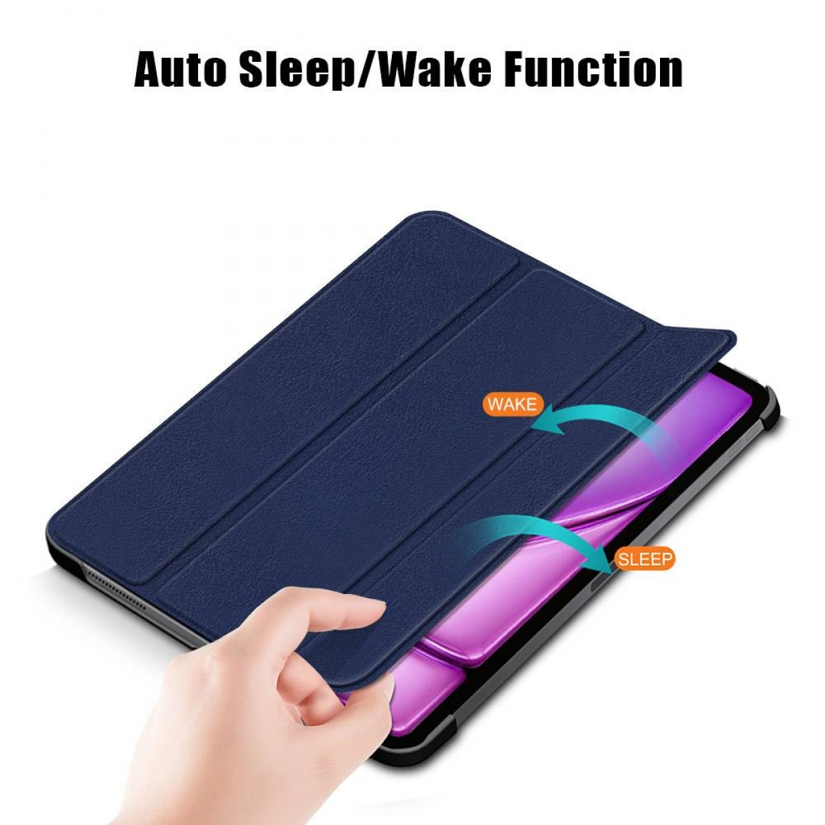 Eine Hand öffnet eine blaue Tablet-Hülle. Pfeile zeigen 'Wake' und 'Sleep'-Funktionen. Text: 'Auto Sleep/Wake Function'.