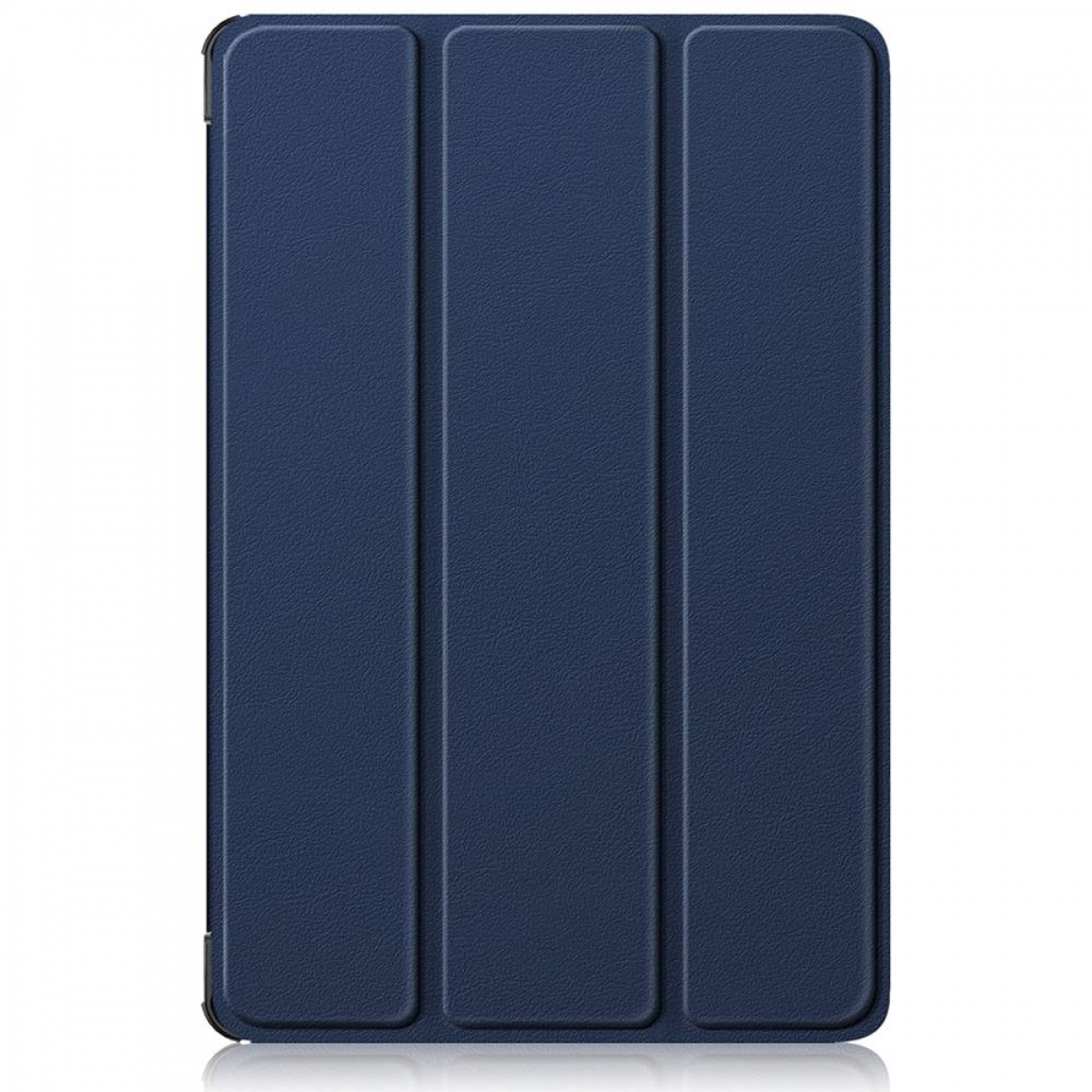 Gezeigt wird eine marineblaue Tablethülle. Die Hülle ist mit drei Paneelen gefaltet und hat eine strukturierte Oberfläche. Der Hintergrund ist weiß.