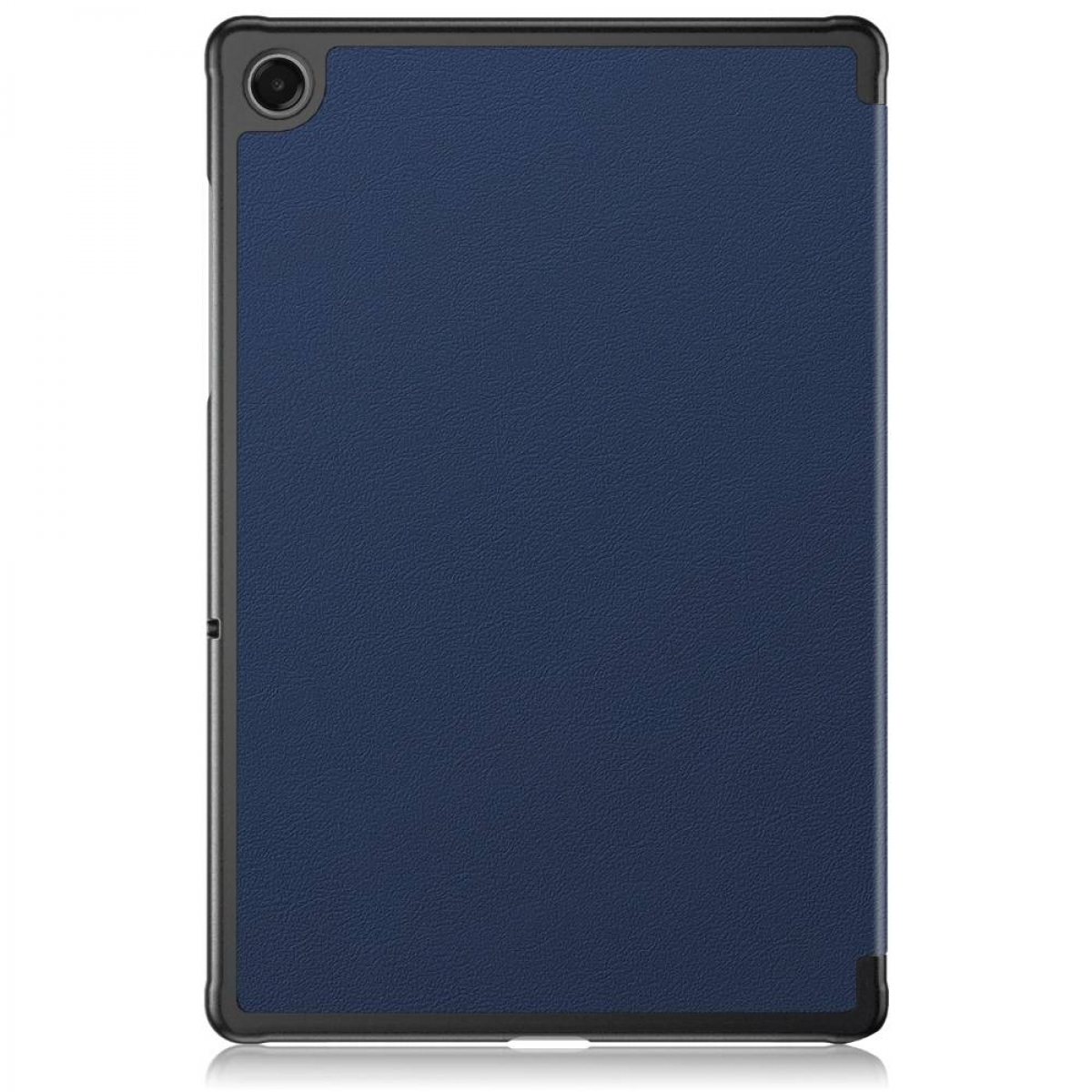 Ein Tablet in einer dunkelblauen Hülle mit schwarzem Rahmen. Die Hülle hat eine strukturierte Oberfläche. Der Hintergrund ist weiß.