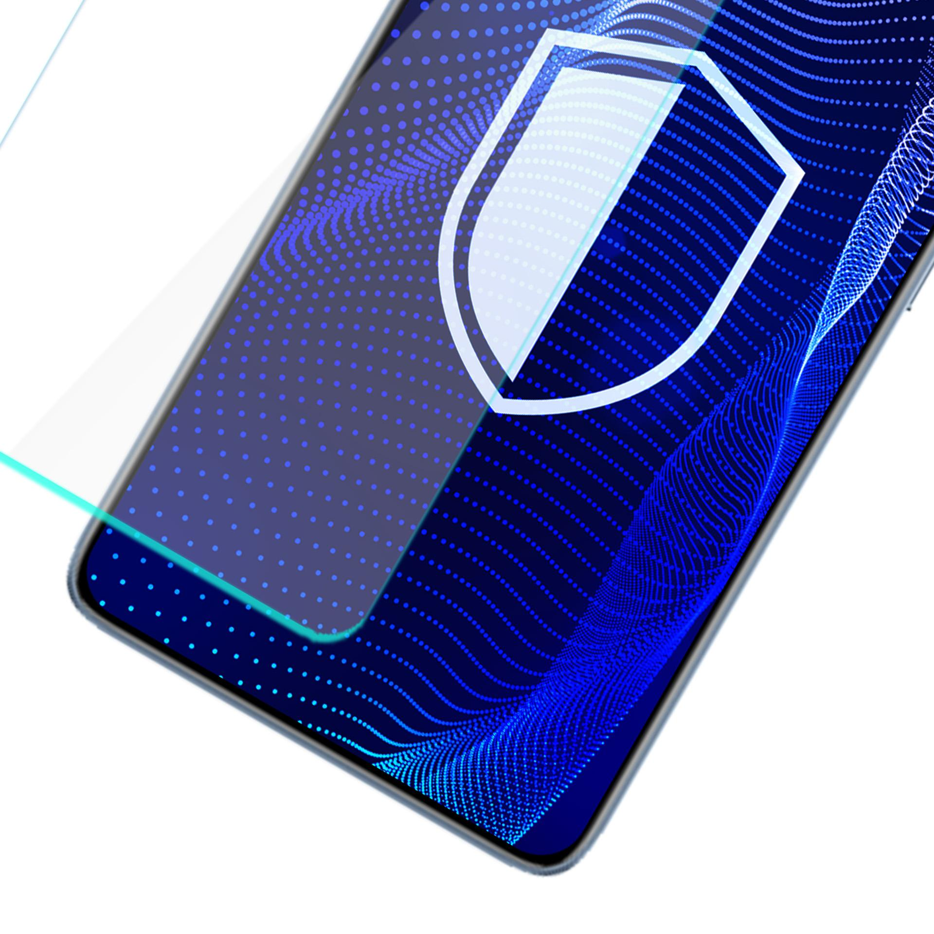 Uno schermo del telefono con una grafica a scudo protettivo. Lo schermo è blu con un motivo a punti. È applicata una protezione schermo trasparente.