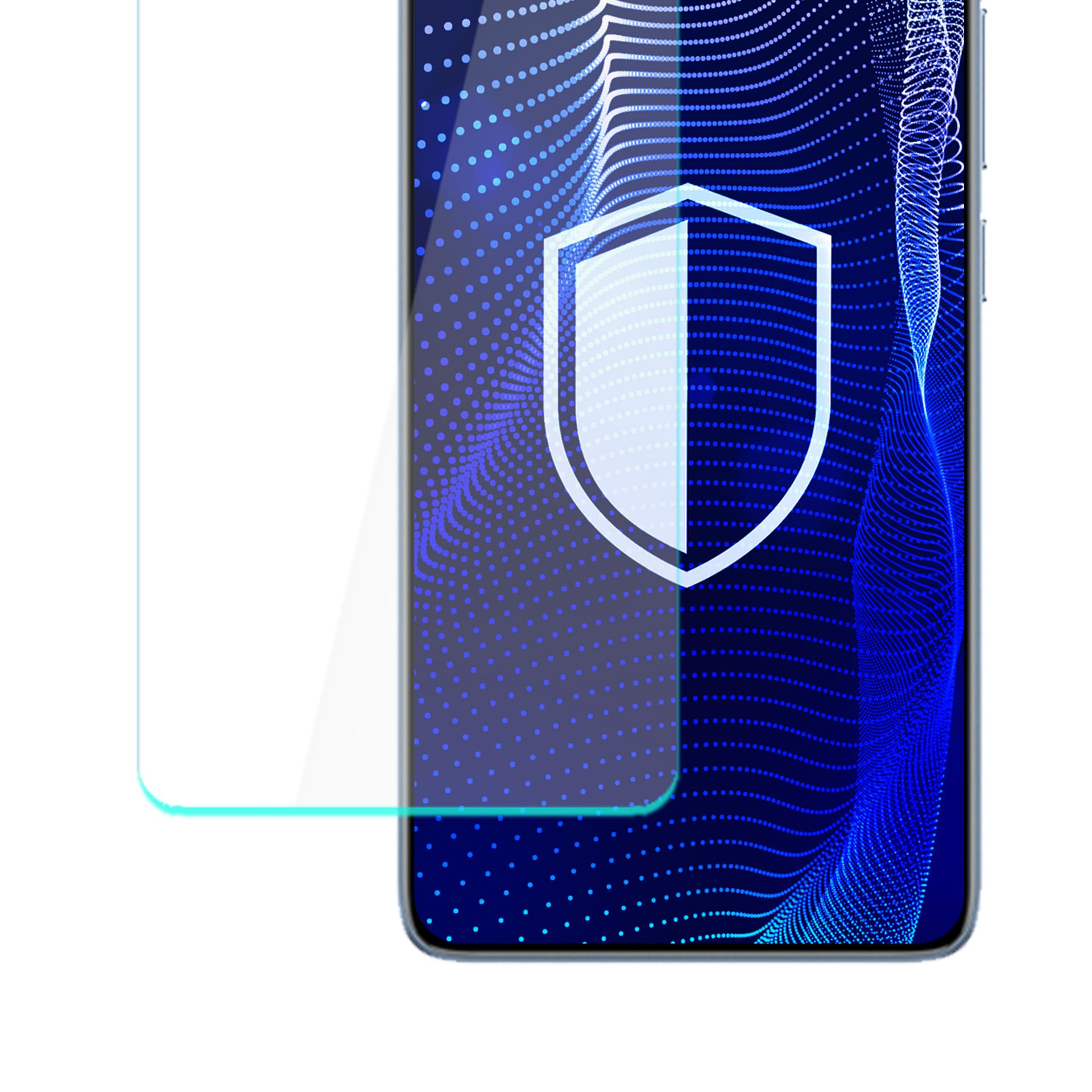 Una protezione schermo su un telefono. Un grafico a scudo sullo schermo, con sfondo blu a pois.