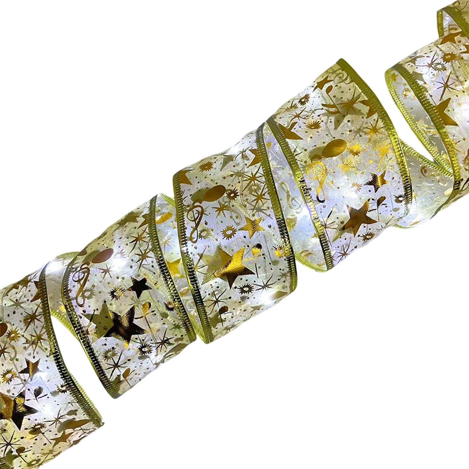 Ein dekoratives Band mit Sternen, Noten und anderen Formen in Gold auf weißem Hintergrund, isoliert.