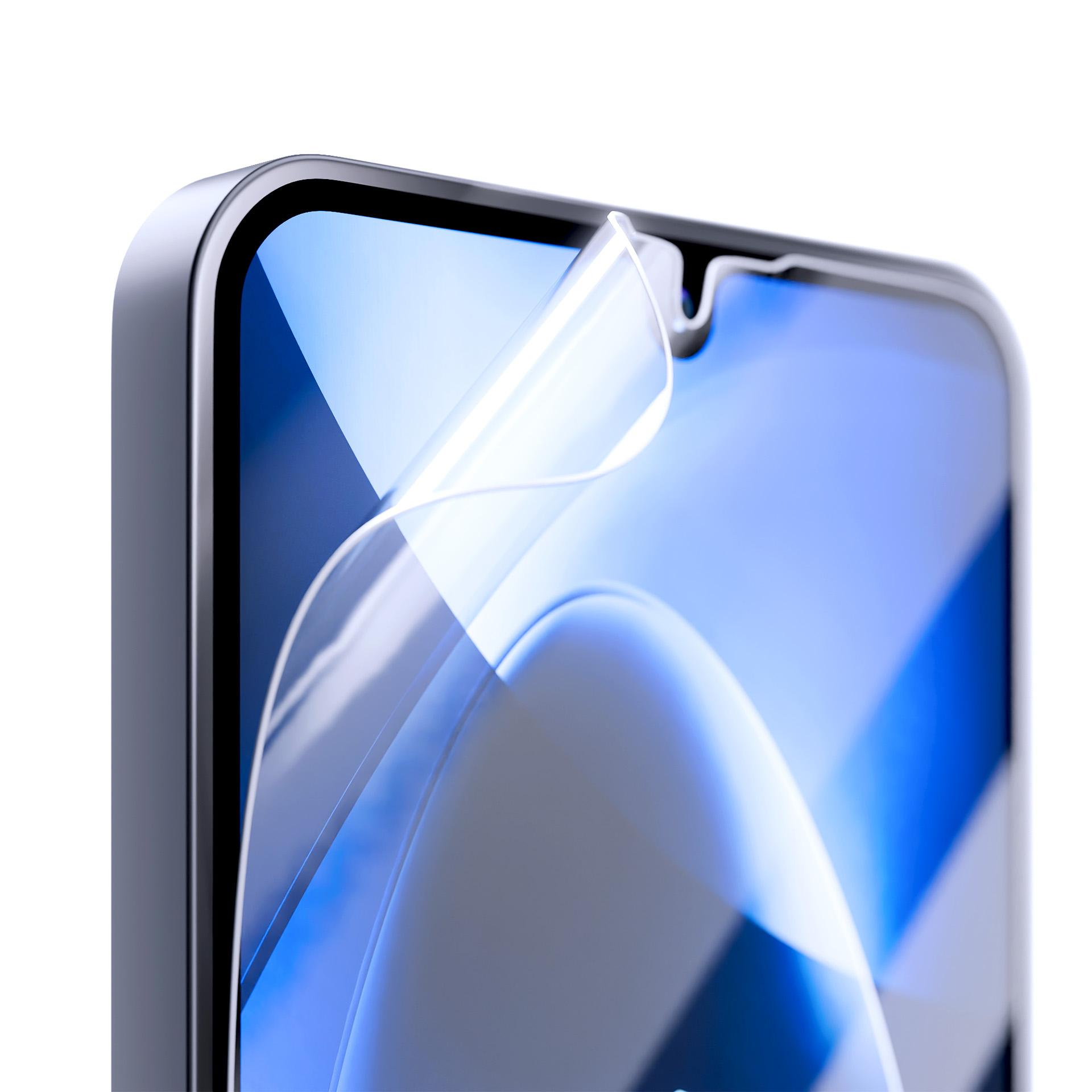Telefon z nałożonym ochraniaczem ekranu. Ekran jest niebieski, a ochraniacz przezroczysty.