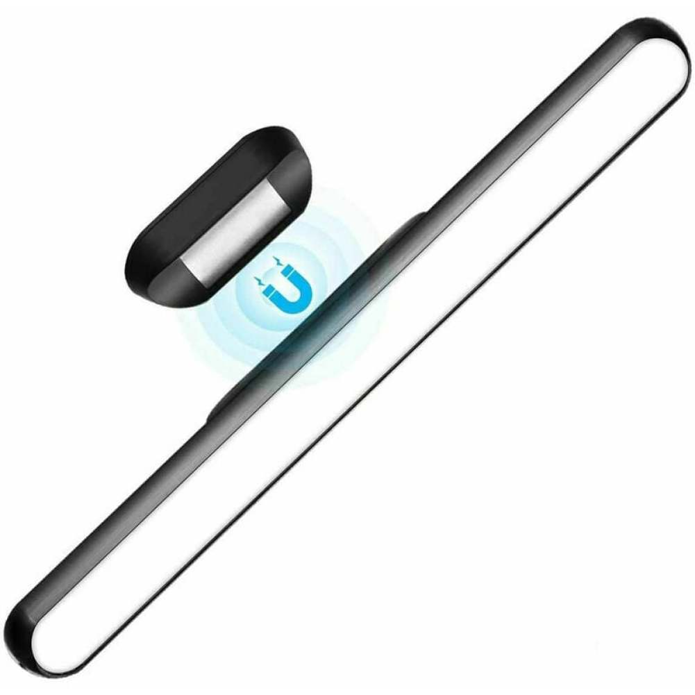 Eine schwarze LED-Leuchte und ein magnetischer Sockel. Der Sockel zeigt ein Magnetsymbol. Die Leuchte ist ein langes, dünnes Rechteck mit weißem Licht.