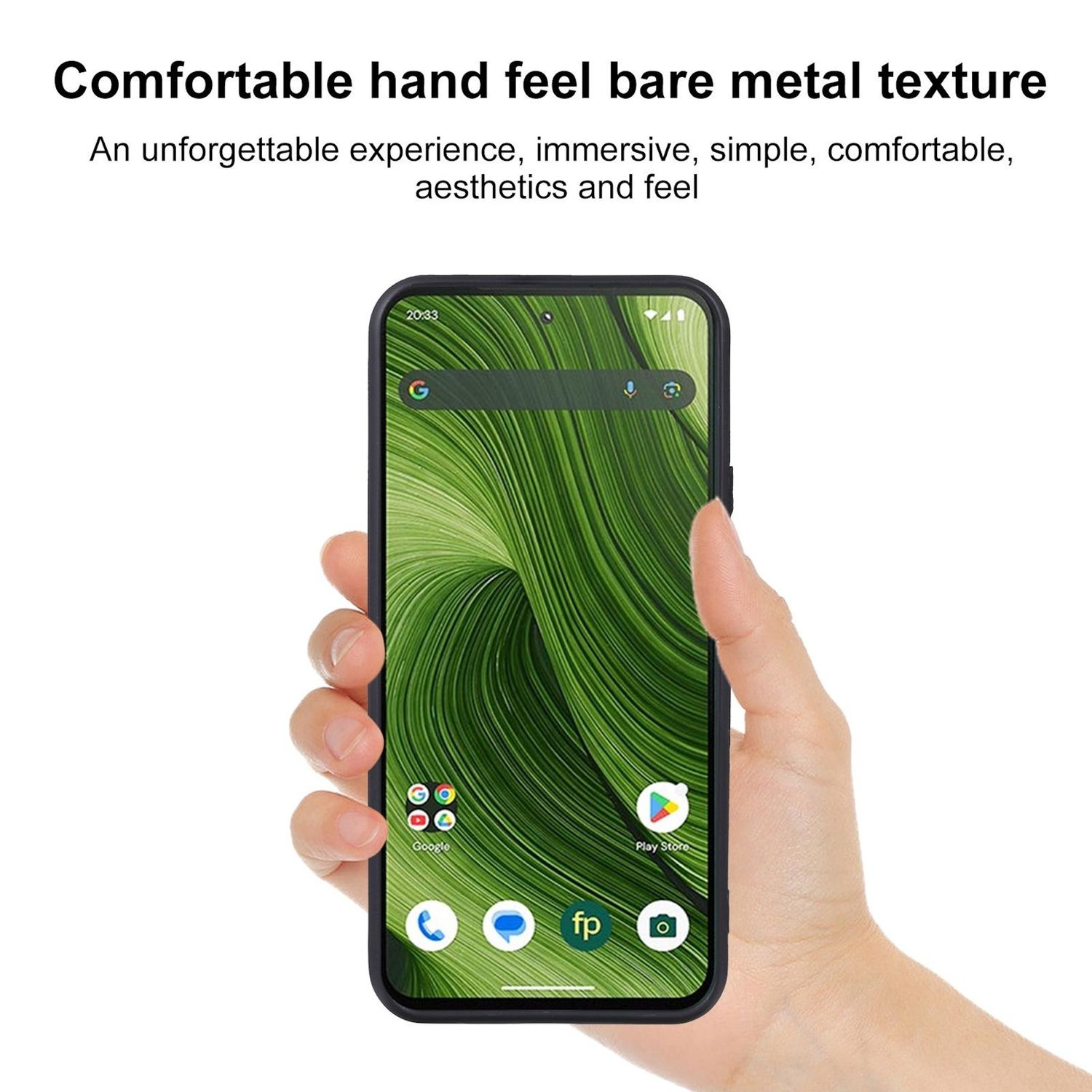 Eine Hand hält ein Telefon mit grünem, strukturiertem Hintergrund und App-Symbolen. Der Text oben lautet: Angenehmes Handgefühl, blanke Metalltextur.