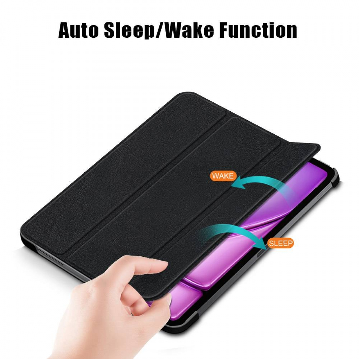 Eine schwarze Tablethülle mit einer Hand, die die Abdeckung anhebt. Text sagt Auto Sleep/Wake Funktion. Pfeile zeigen Wake- und Sleep-Funktionen.