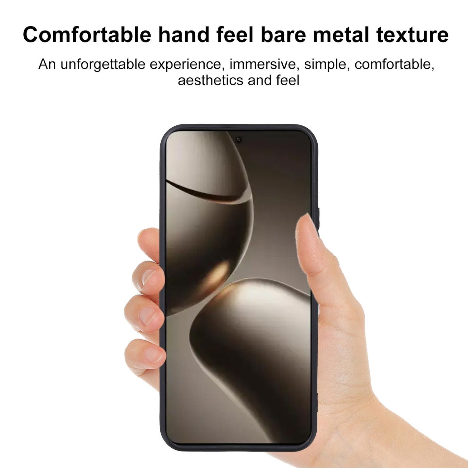 Eine Hand hält ein schwarzes Telefon. Das Telefon zeigt ein helles, abstraktes Design. Oben steht 'Bequemes Handgefühl'.