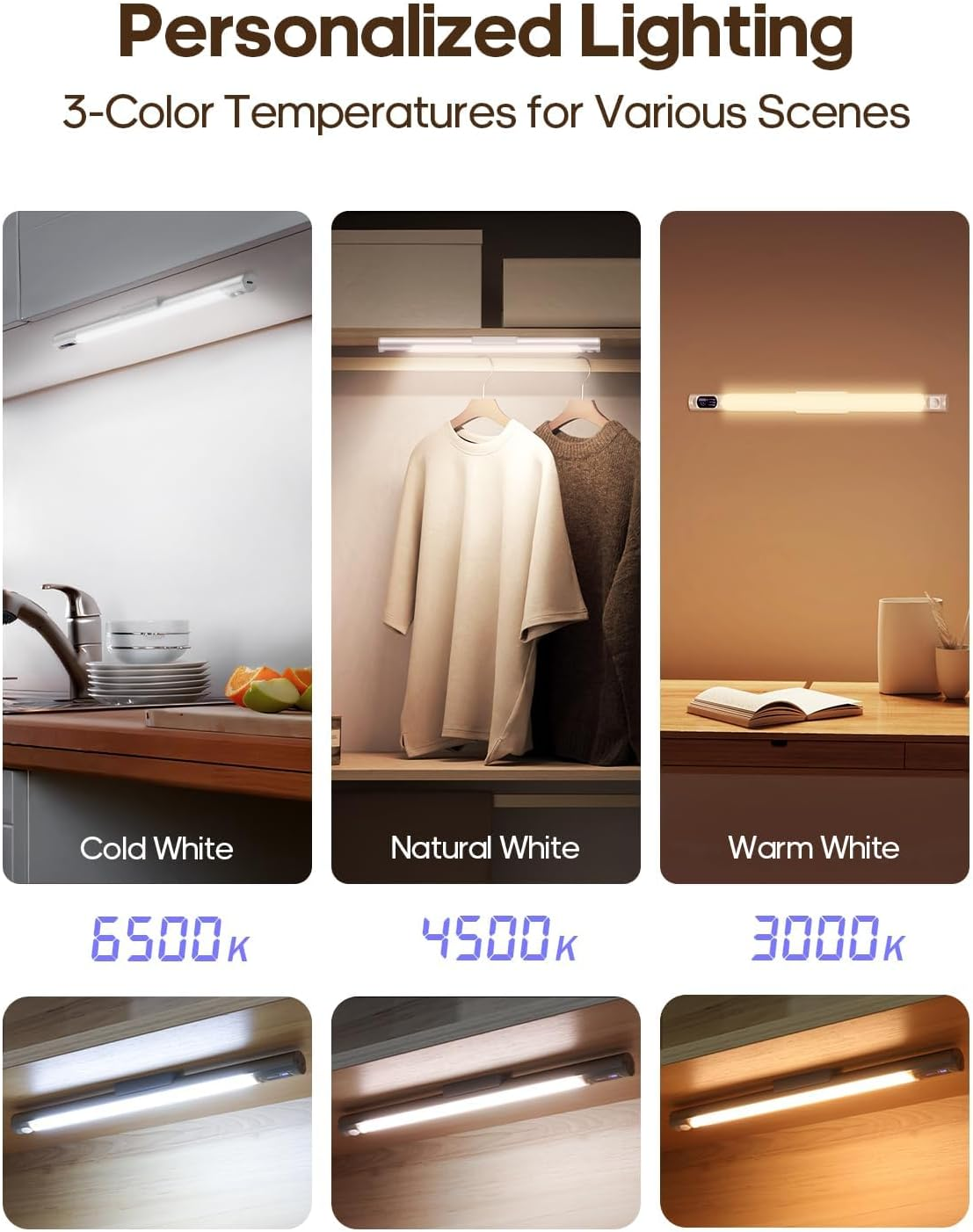 Das Bild zeigt drei Beleuchtungsanordnungen: Kaltweiß, Naturweiß und Warmweiß. Jedes Setup hat einen Lichtstreifen und eine Umgebung.