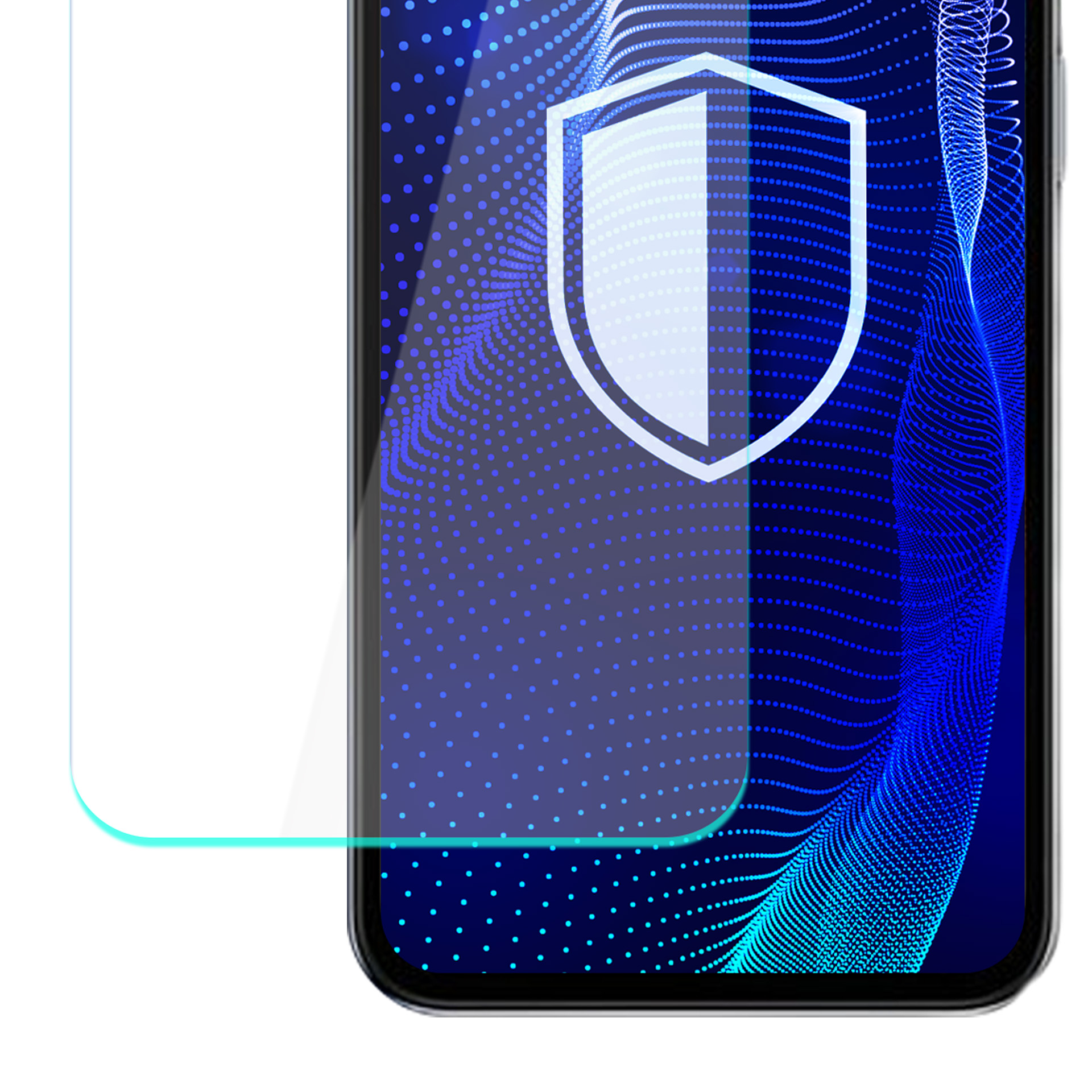 Schermo del telefono con strato protettivo. Icona scudo bianco su sfondo blu a pois.