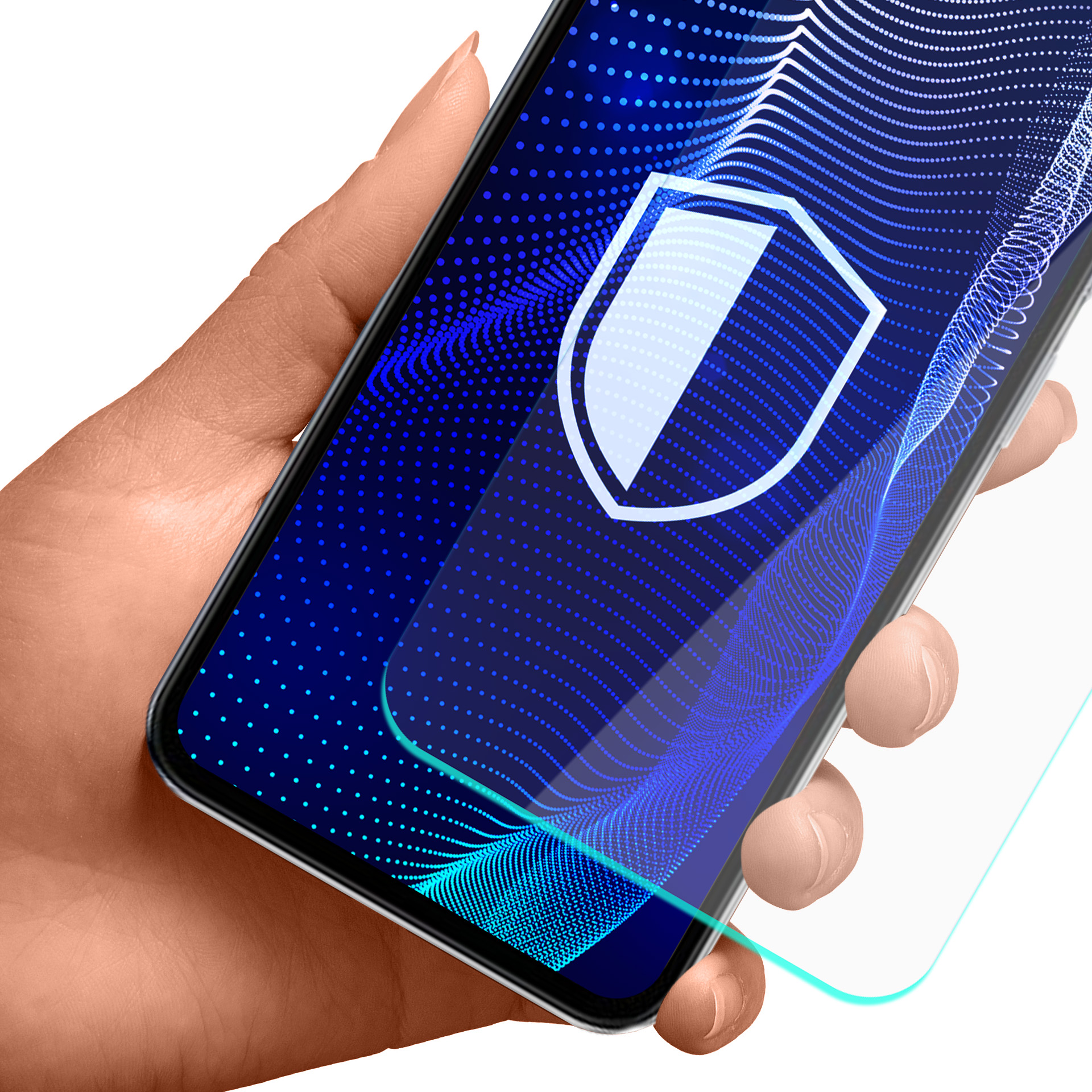 Una mano che tiene uno smartphone con un'icona a scudo sullo schermo, che rappresenta la sicurezza, su sfondo blu.