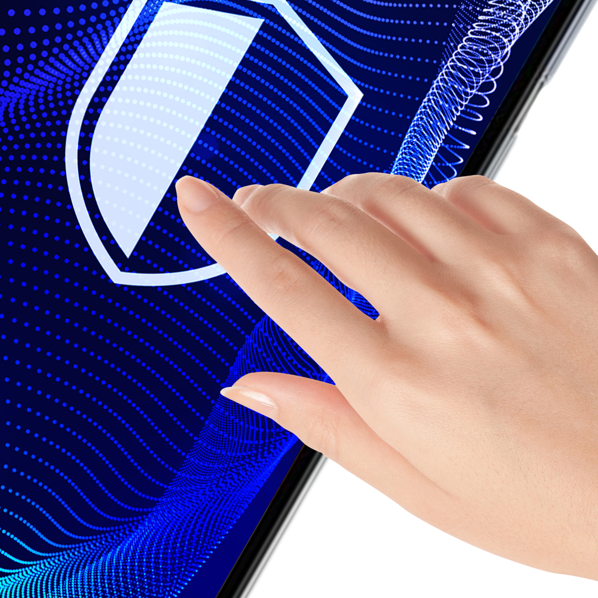 Una mano tocca uno schermo con un'icona a scudo. Lo sfondo è blu con punti e linee.