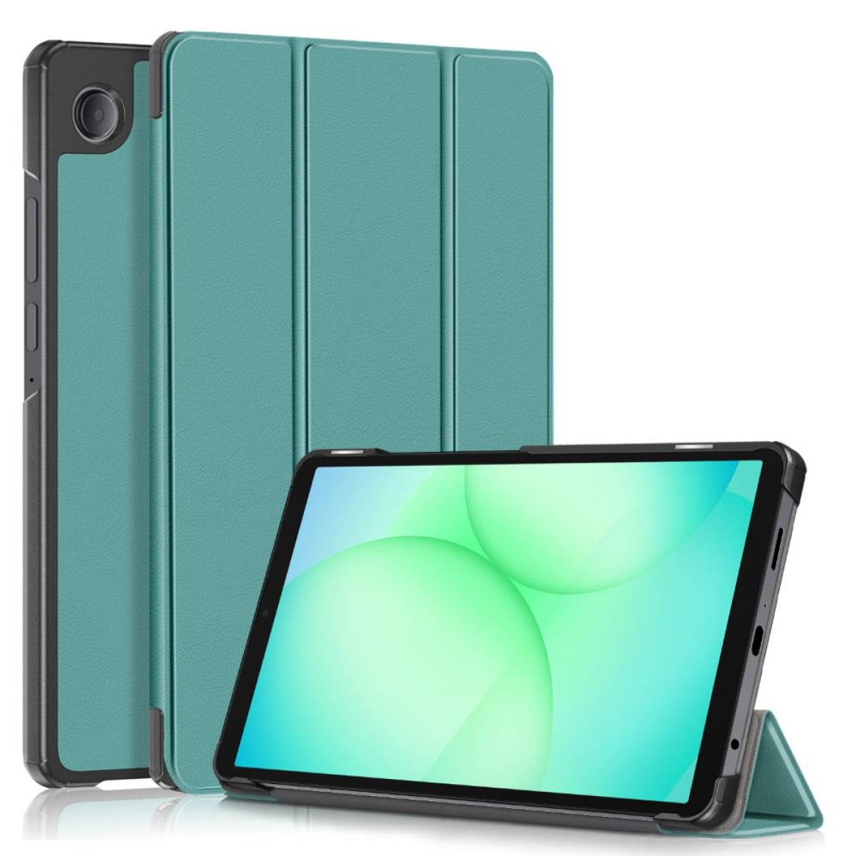 Ein Tablet in einer tealfarbenen Hülle, der Bildschirm zeigt einen grünen Farbverlauf. Die Hülle ist offen.