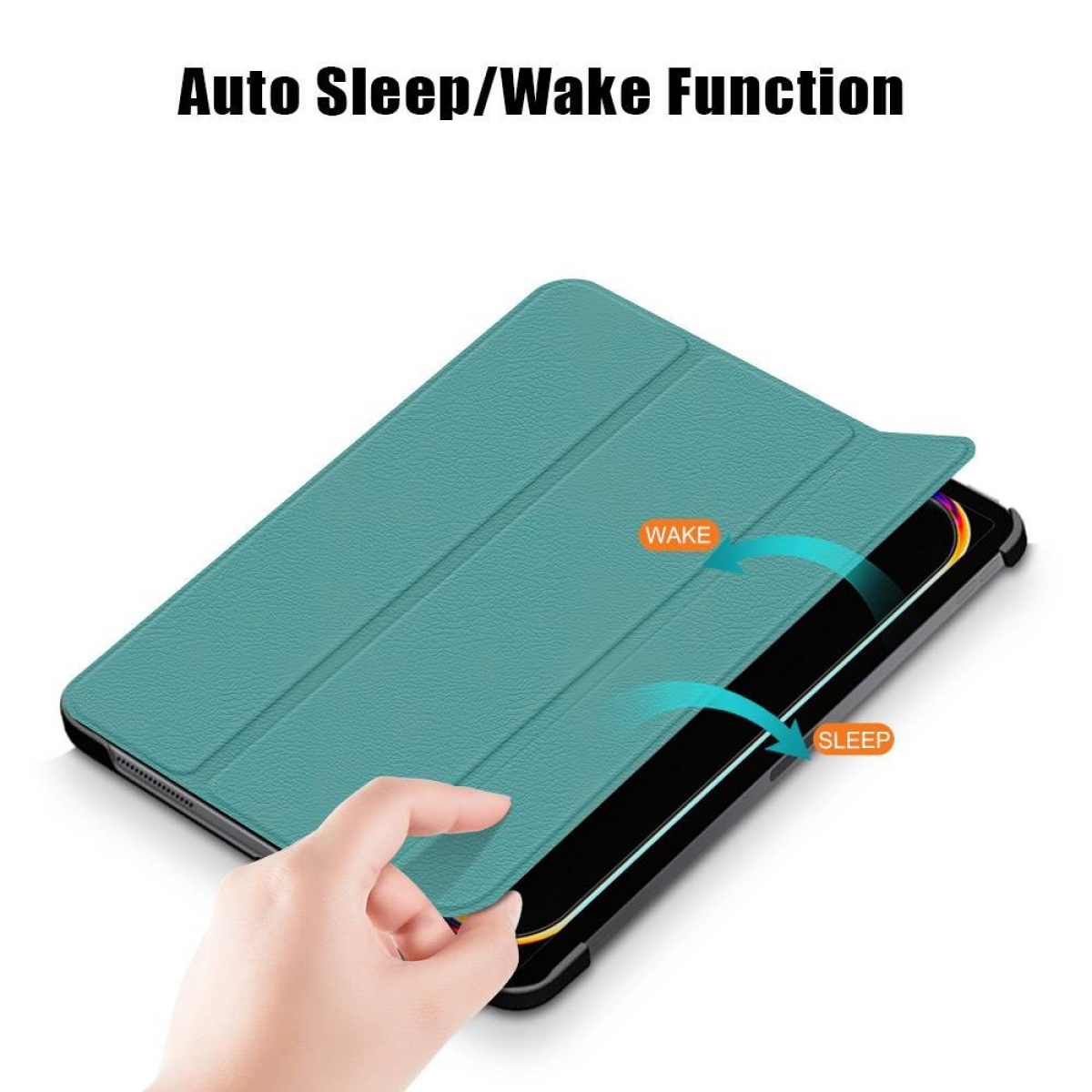 Eine Hand öffnet eine türkisfarbene Tablet-Hülle und zeigt den Bildschirm. Pfeile zeigen 'Wake'- und 'Sleep'-Funktionen an. Text oben: 'Auto Sleep/Wake Function'.