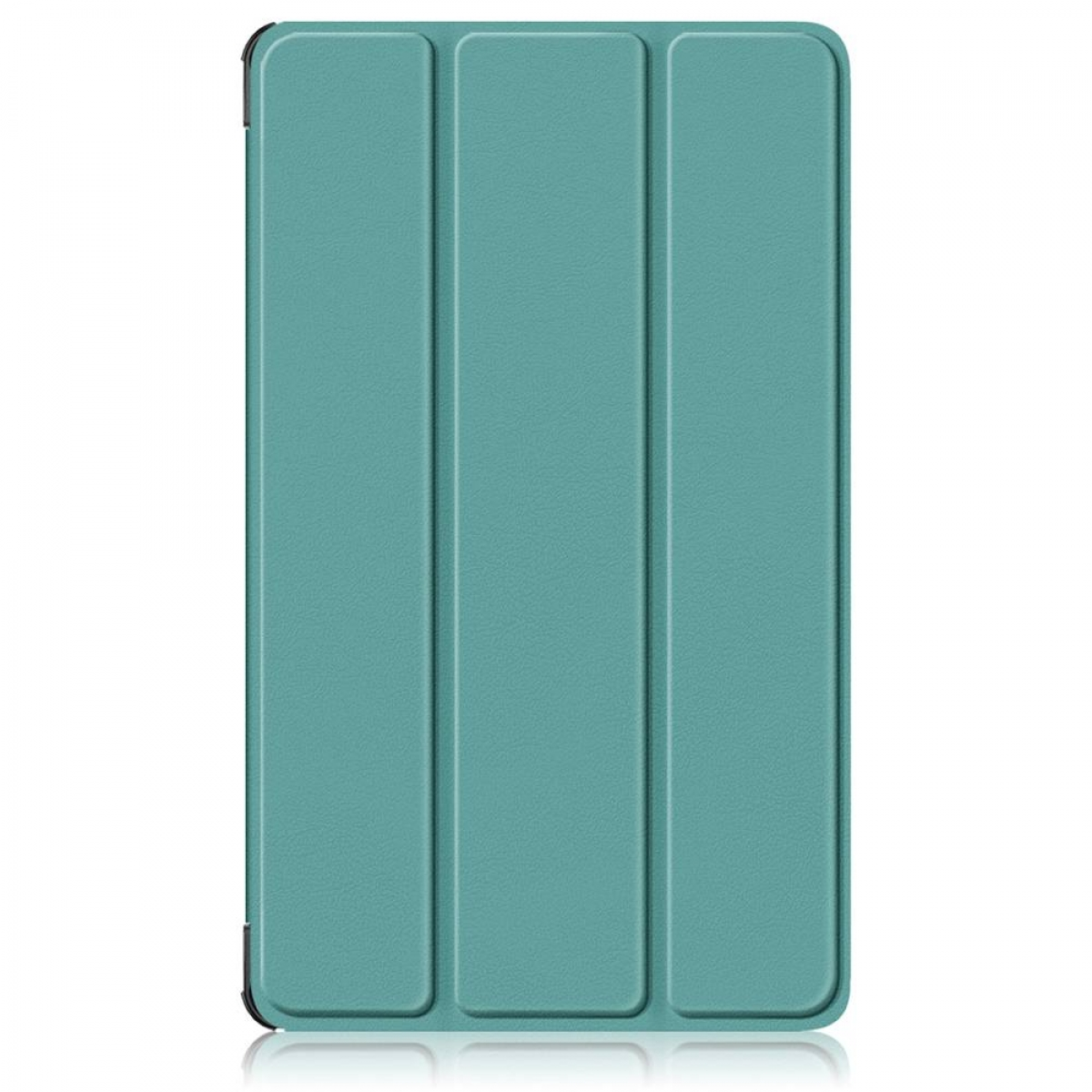 Eine türkisblaue Tablethülle, in drei Abschnitte gefaltet. Sie hat eine strukturierte Oberfläche mit einem schwarzen Scharnier und einer reflektierenden Basis.