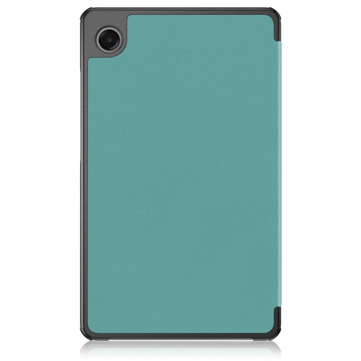 Ein Tablet in einer teal-farbenen Hülle. Die Hülle hat eine strukturierte Oberfläche. Eine Kamera ist oben links sichtbar.