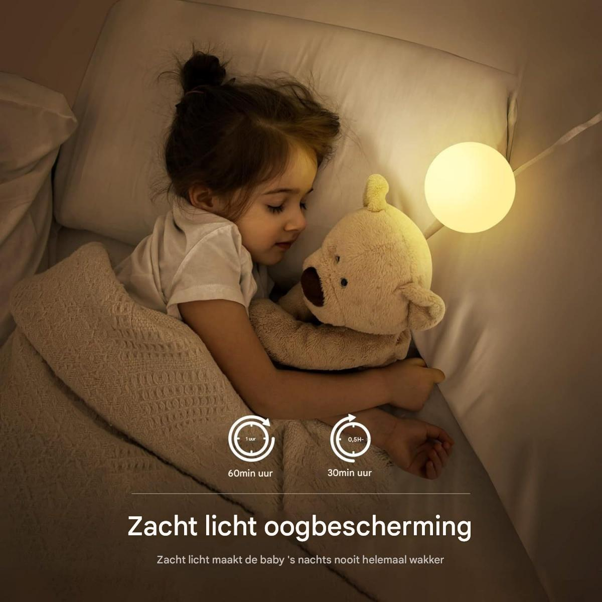 Ein Kind schläft im Bett und umarmt einen Teddybären. Ein sanftes Licht scheint. Text: 'Sanfter Augenschutz'.
