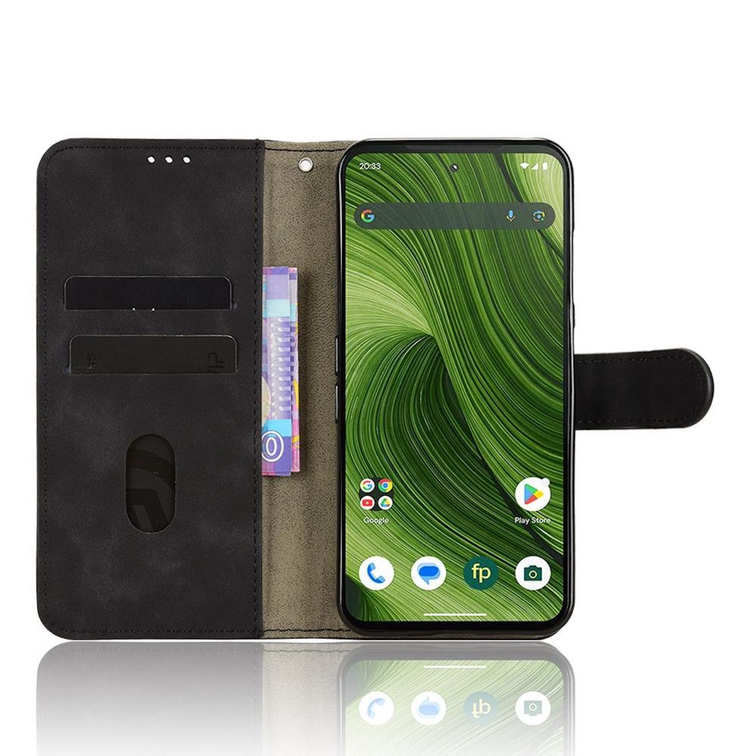 Smartphone in schwarzer Brieftasche. Der Bildschirm zeigt ein grünes Muster und Apps. Währung ist im Etui sichtbar.