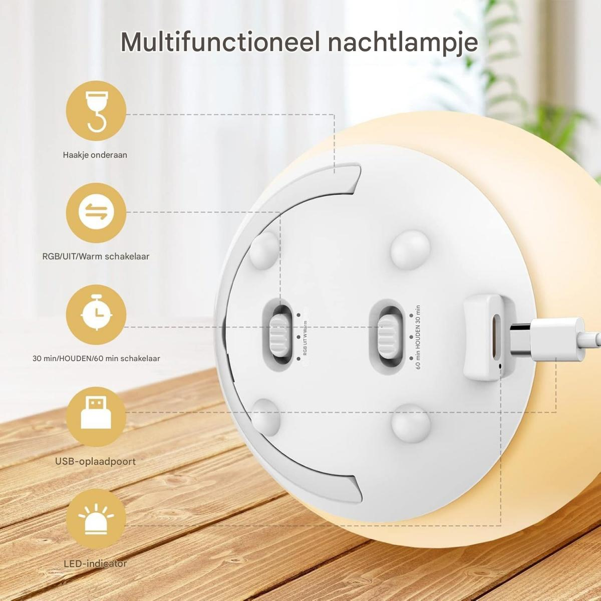 Eine weiße und gelbe Nachtlampe mit Knöpfen, einem USB-Anschluss und einer LED-Anzeige. Etiketten weisen auf Funktionen wie RGB und Timereinstellungen hin.