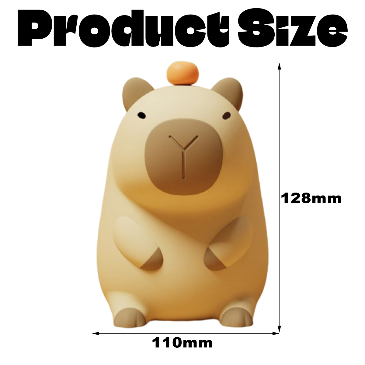 Eine beigefarbene Capybara-Figur mit einer kleinen orangefarbenen Kugel oben. Abmessungen: 128 mm Höhe, 110 mm Breite. Produktgröße steht oben.