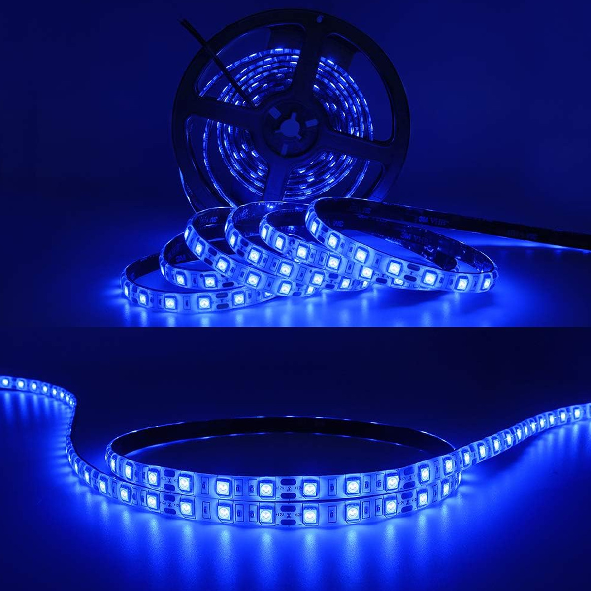 Blaue LED-Streifen, aufgerollt und abgerollt, auf einer reflektierenden Oberfläche. Die Lichter sind hell vor einem dunkelblauen Hintergrund.