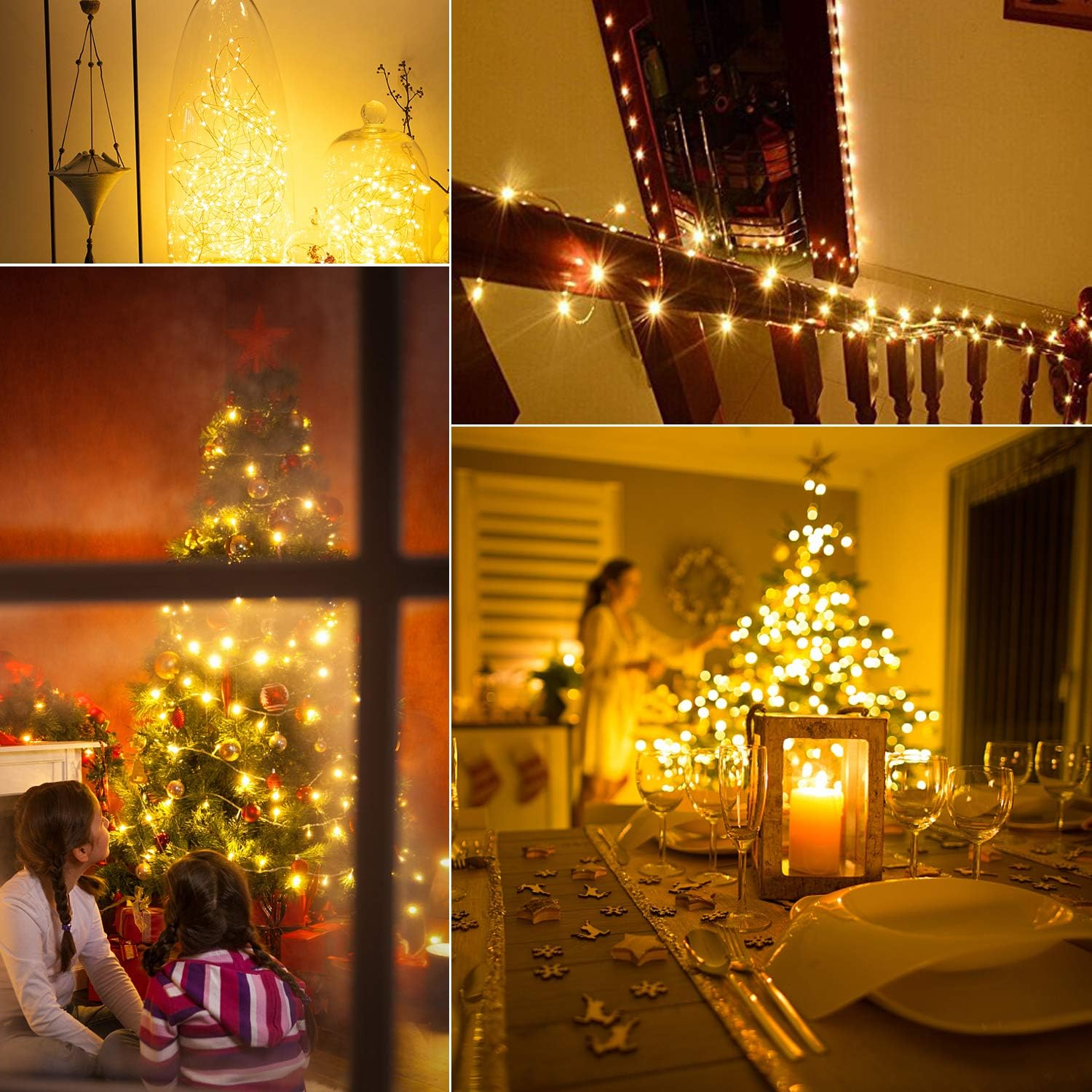 Eine festliche Szene mit Weihnachtsbeleuchtung, Baum und Dekorationen. Zwei Mädchen blicken durch ein Fenster auf den Baum.
