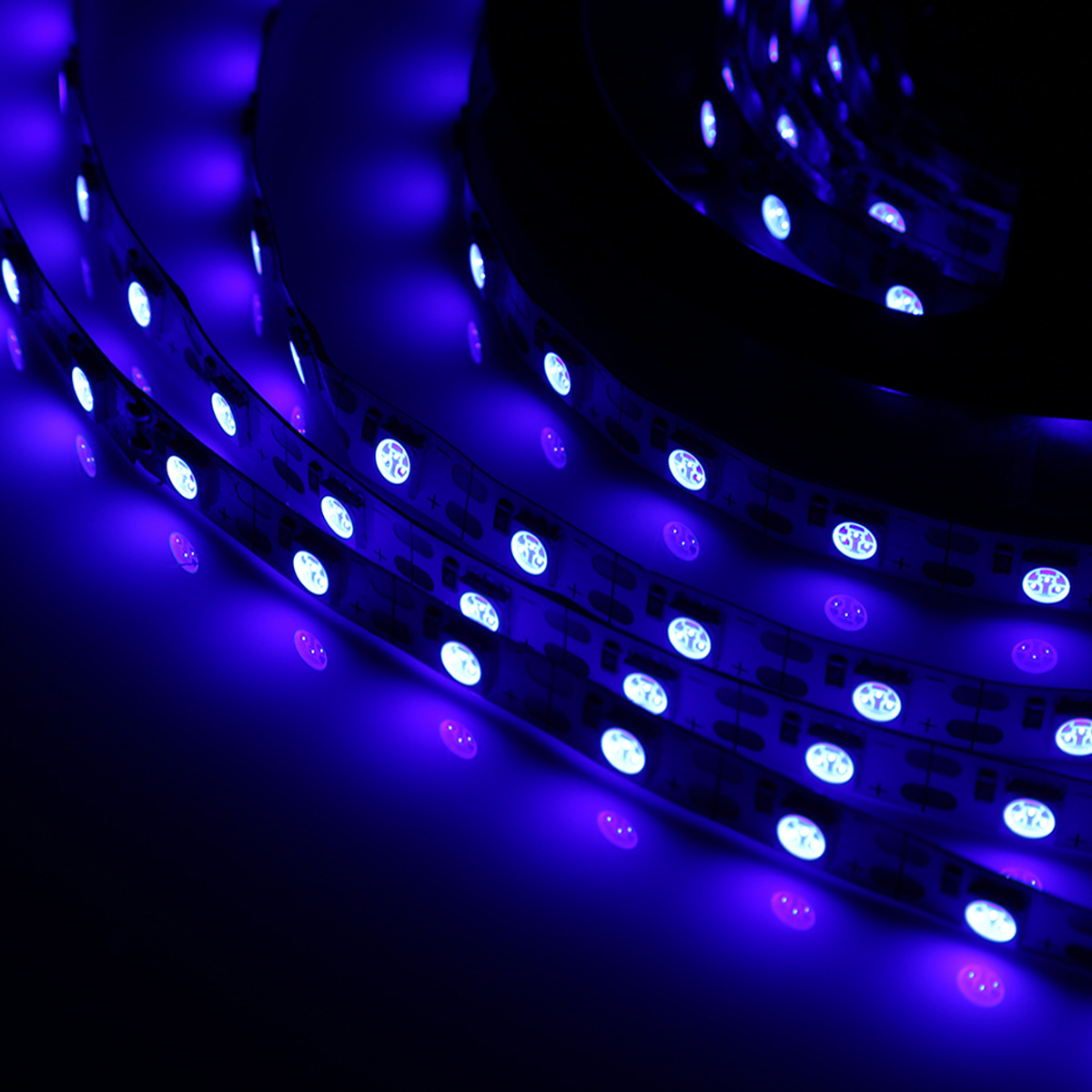 Nahaufnahme eines aufgerollten blauen LED-Streifens mit hellen Lichtern. Die Lichter spiegeln sich auf einer dunklen Oberfläche.