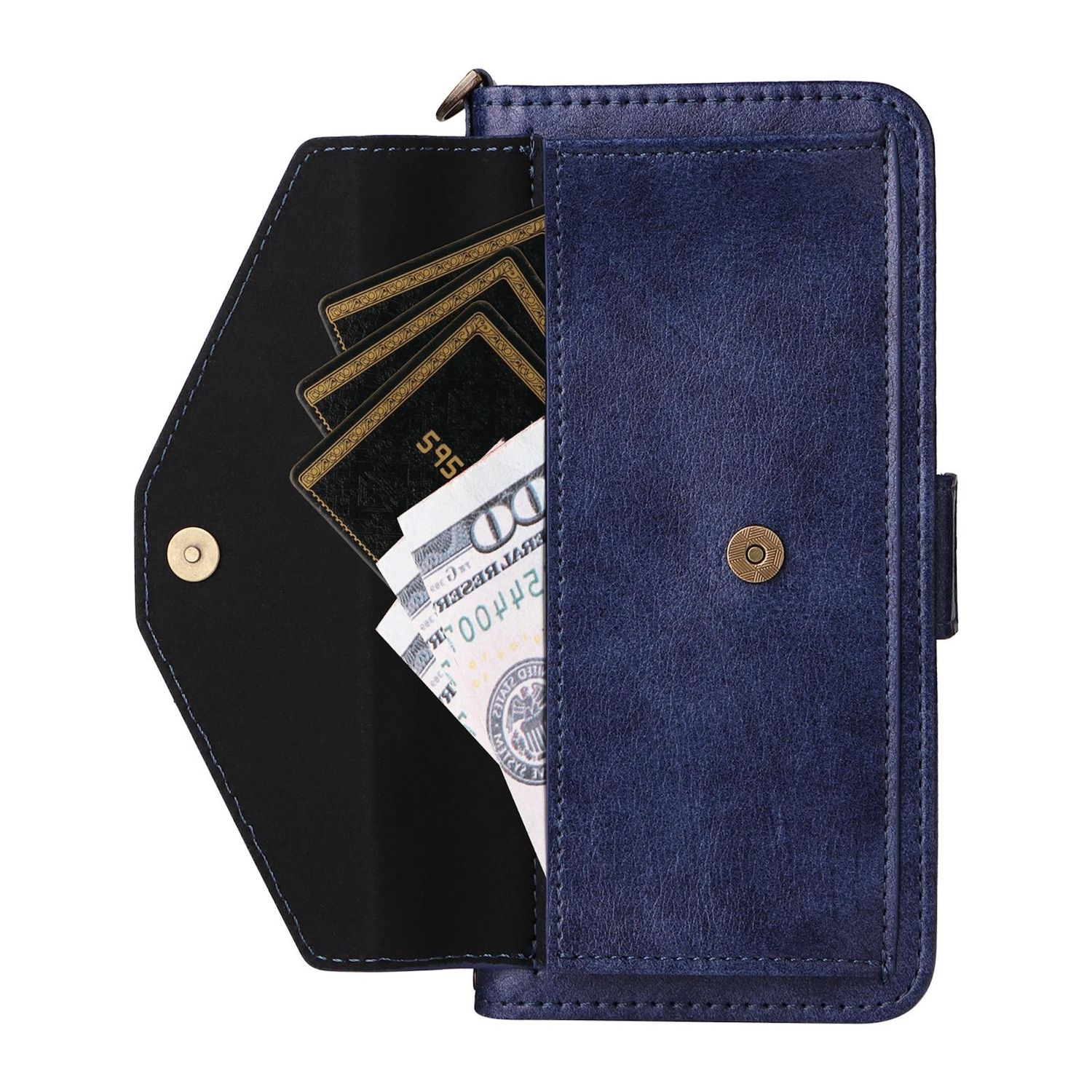 Eine blaue Ledergeldbörse, die geöffnet ist, um Bargeld und Kreditkarten zu zeigen. Die Brieftasche befindet sich auf weißem Hintergrund.