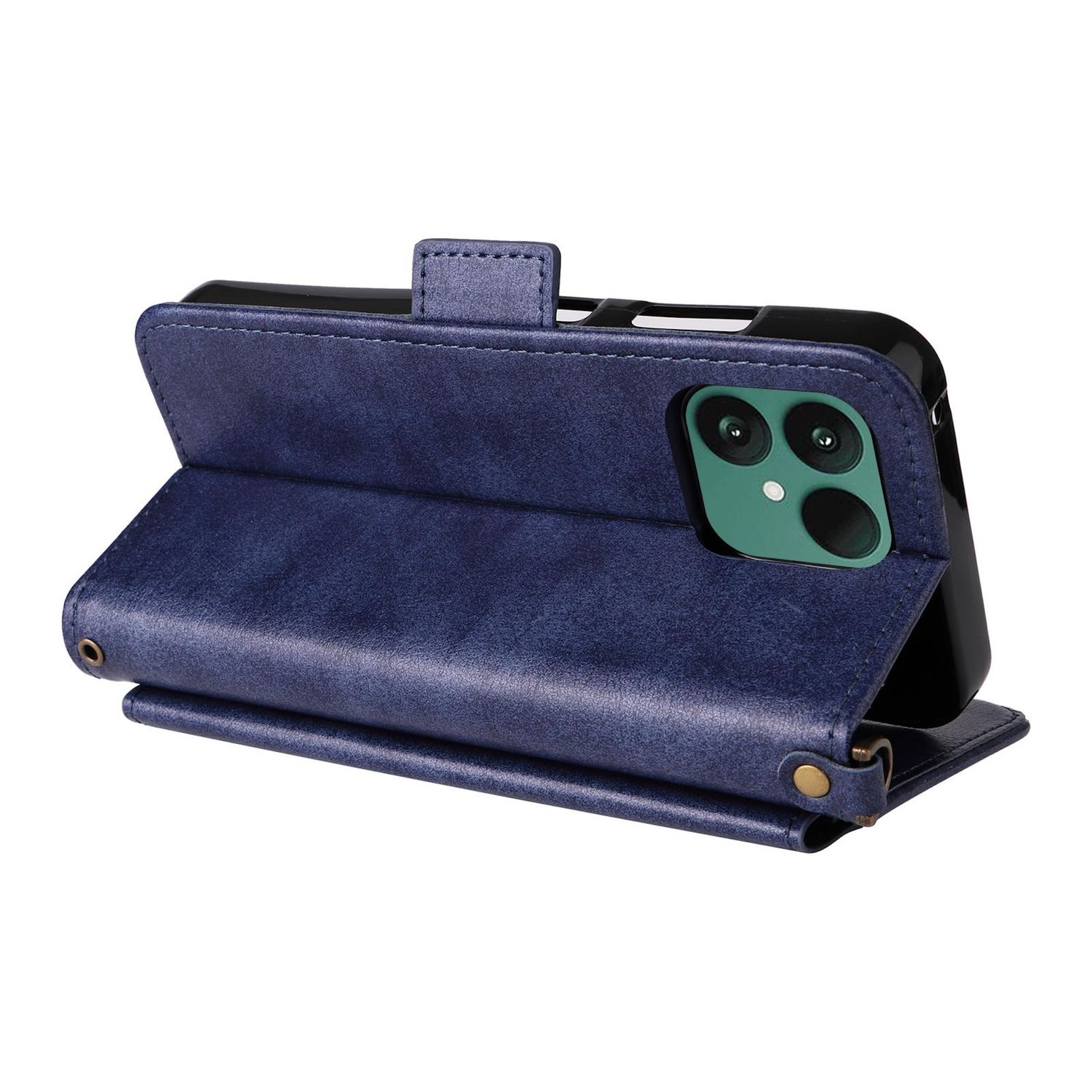 Eine blaue Leder-Handyhülle mit offenem Klappverschluss. Ein schwarzes Telefon mit grünem Kameramodul ist sichtbar.